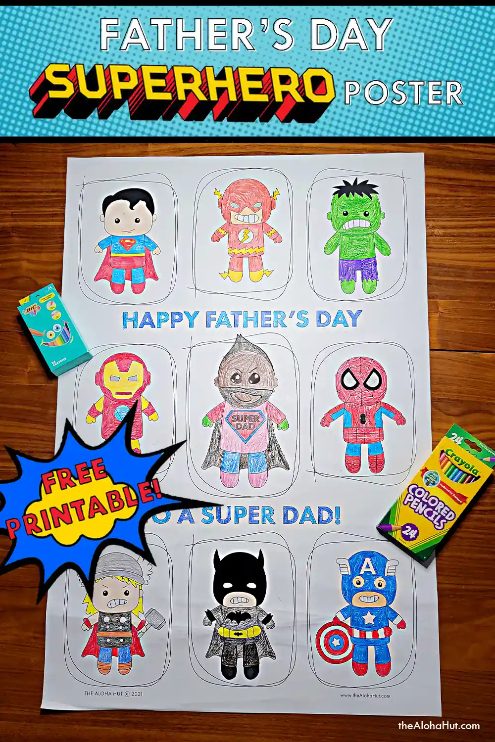 Father's Day giant coloring poster for dad that is superhero themed. Say Happy Father's Day to dad with this fun superhero coloring poster. Includes a spot to draw a dad as a superhero. Fun and easy gift for the kids to give dad this Father's Day.