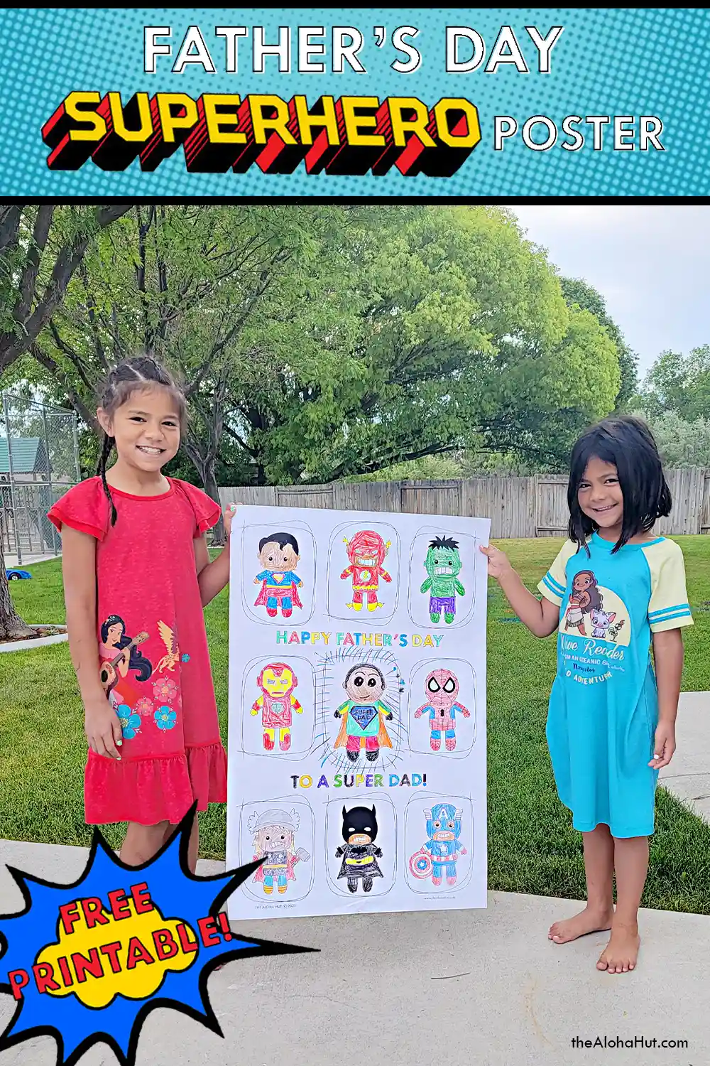 Father's Day giant coloring poster for dad that is superhero themed. Say Happy Father's Day to dad with this fun superhero coloring poster. Includes a spot to draw a dad as a superhero. Fun and easy gift for the kids to give dad this Father's Day.