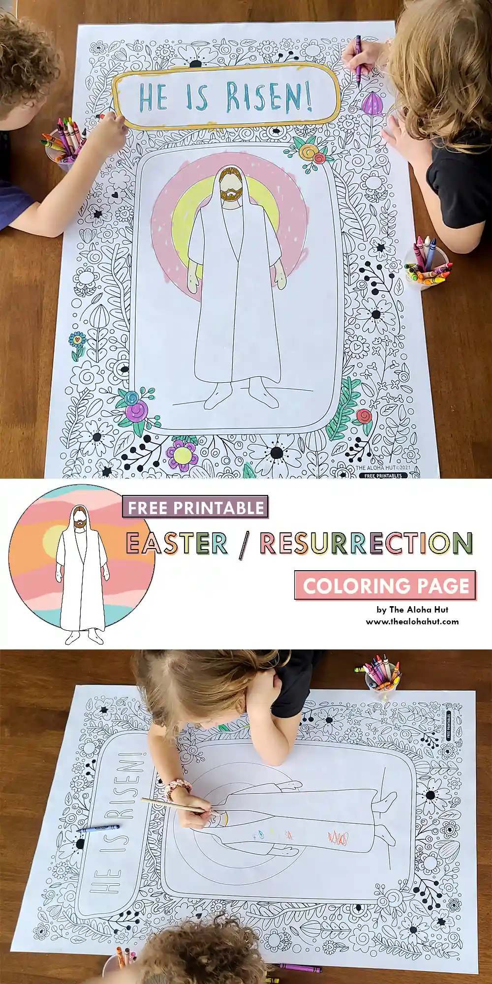 Large coloring poster for Easter - He is Risen coloring page for kids of Jesus Christ and His resurrection. Great kids activity for Easter, simply print and color!!