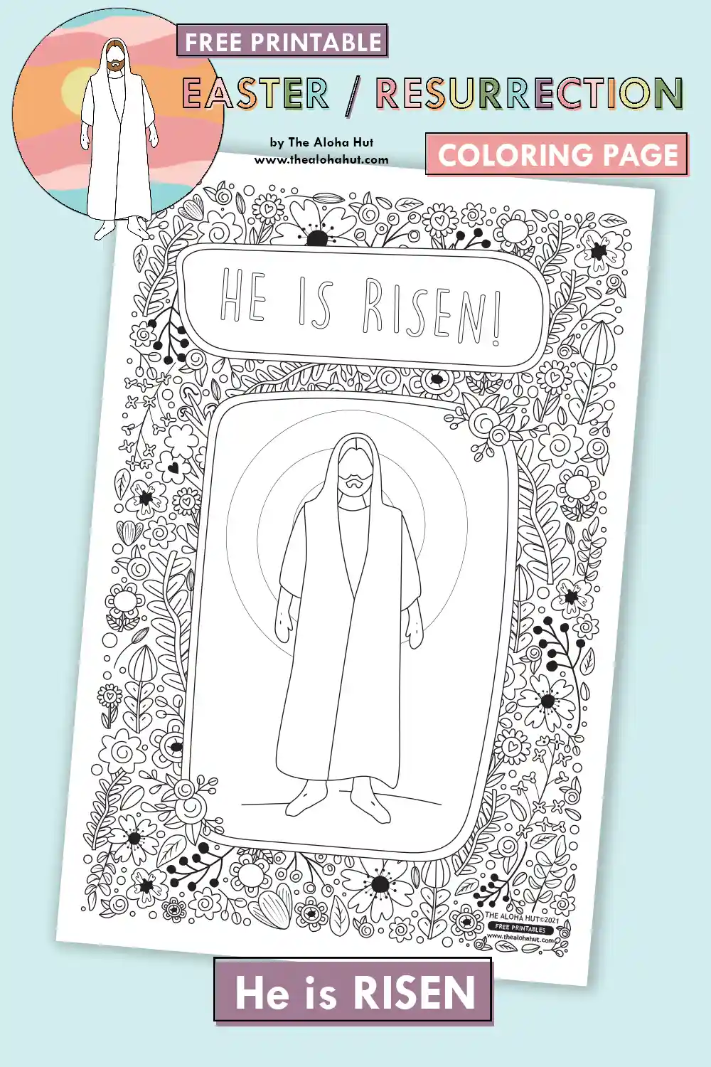 Large coloring poster for Easter - He is Risen coloring page for kids of Jesus Christ and His resurrection. Great kids activity for Easter, simply print and color!!