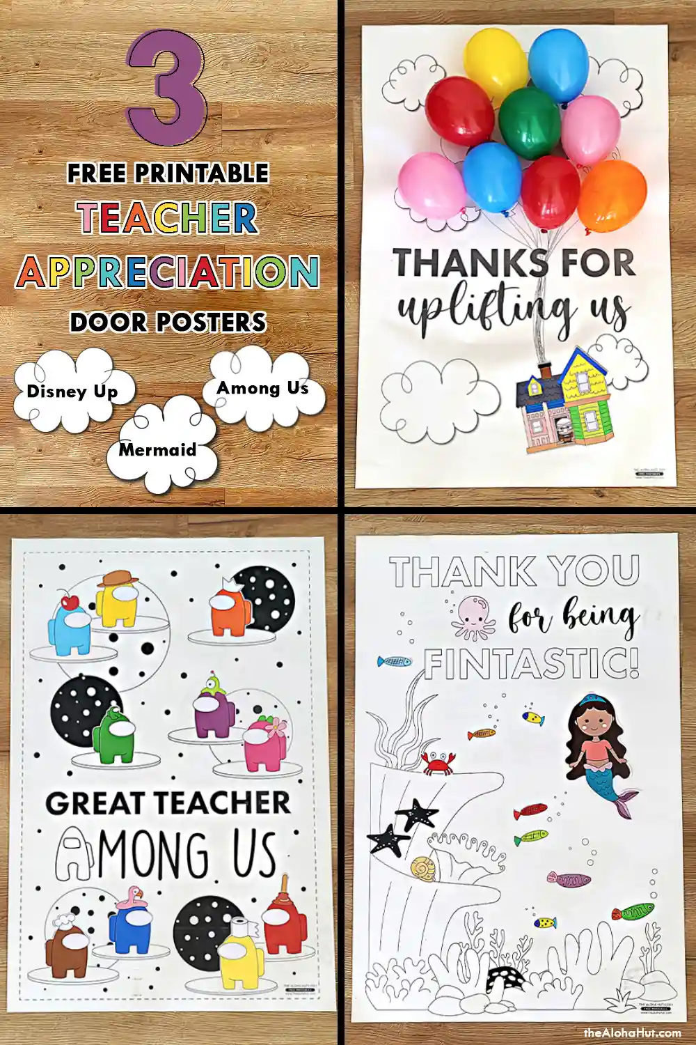 Teacher Appreciation Door Posters - free printable - Disney Up - Among Us - Mermaid