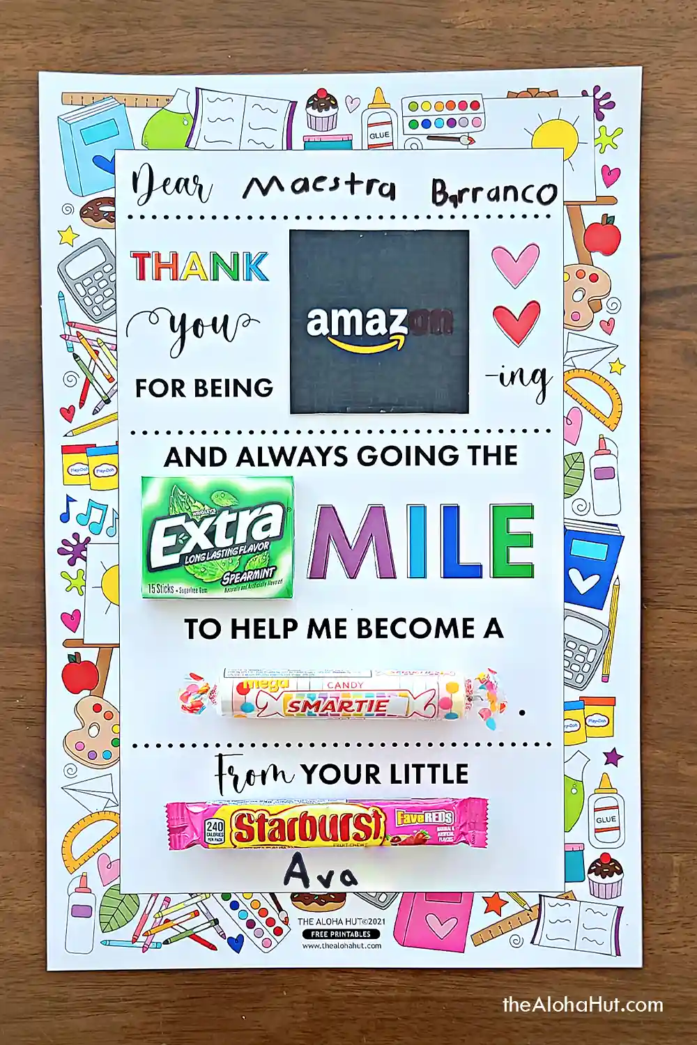 Simple and easy teacher appreciation gift idea - a giant candy gram card with goodies and an Amazon gift card to say thank you to teachers and/or school staff.