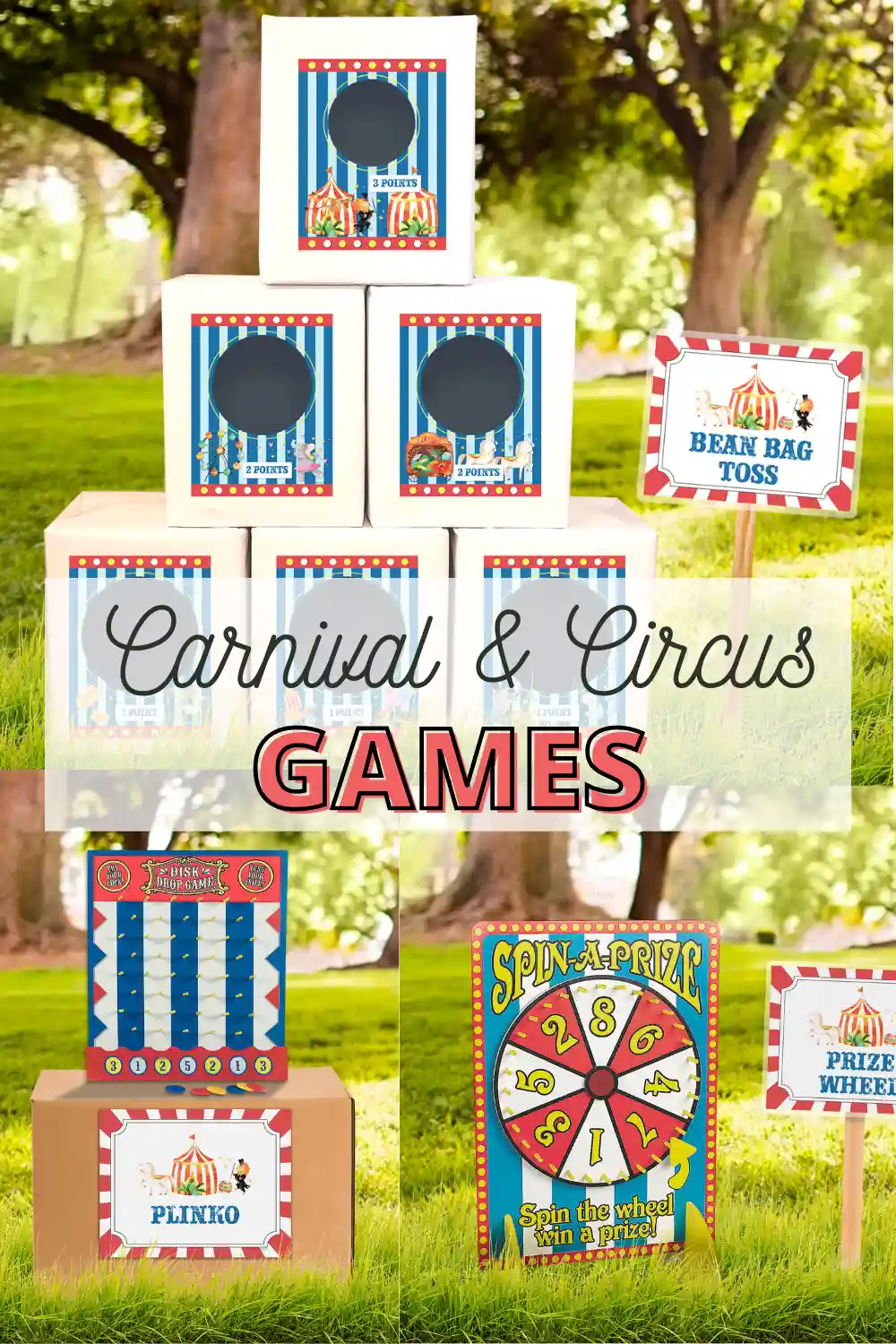 Easy and cheap carnival pary games and circus party themed games and ideas. DIY games for a school carnival, church carnival or fall festival, birthday party celebrations and more.