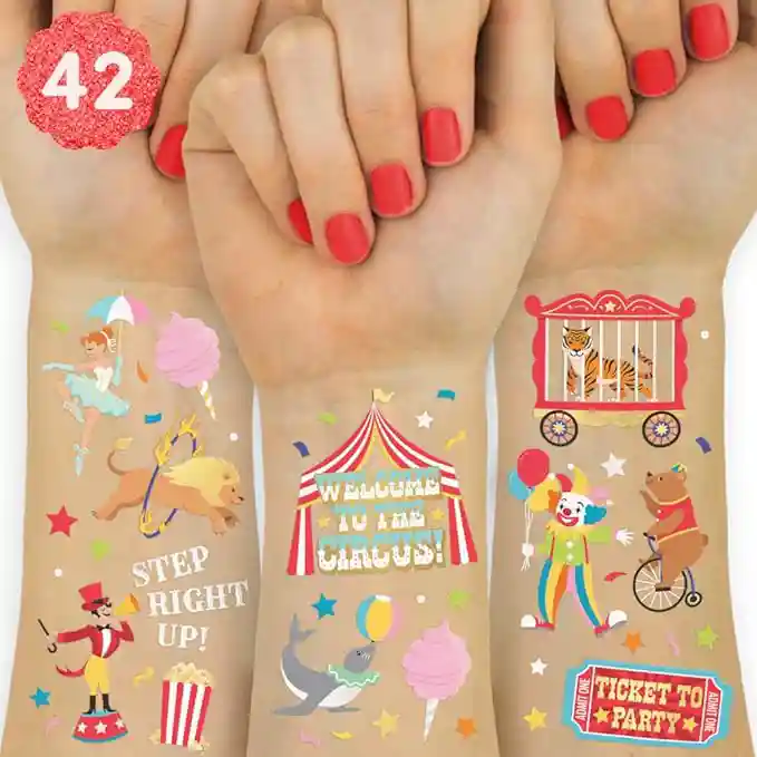 temporary circus themed tattoos for kids for a circus party or carnival