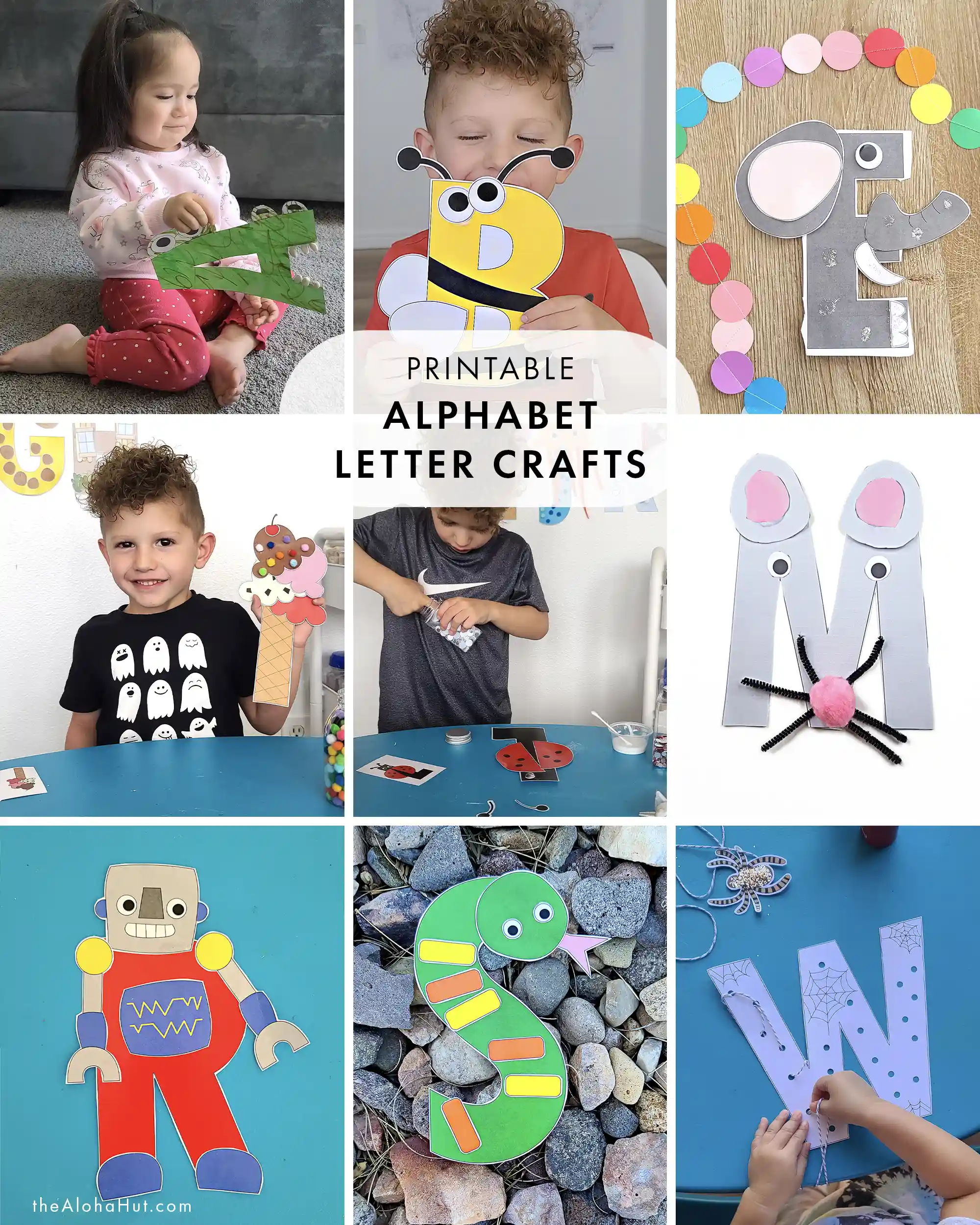 Printable alphabet letter crafts for toddlers and preschool aged kids. Simply print, cut out, and glue together. Or let kids get creative with extra art supplies like glitter, pom poms, leaves, beads, pipe cleaners, etc. This is a fun and easy activity to help kids learn their ABCs.
