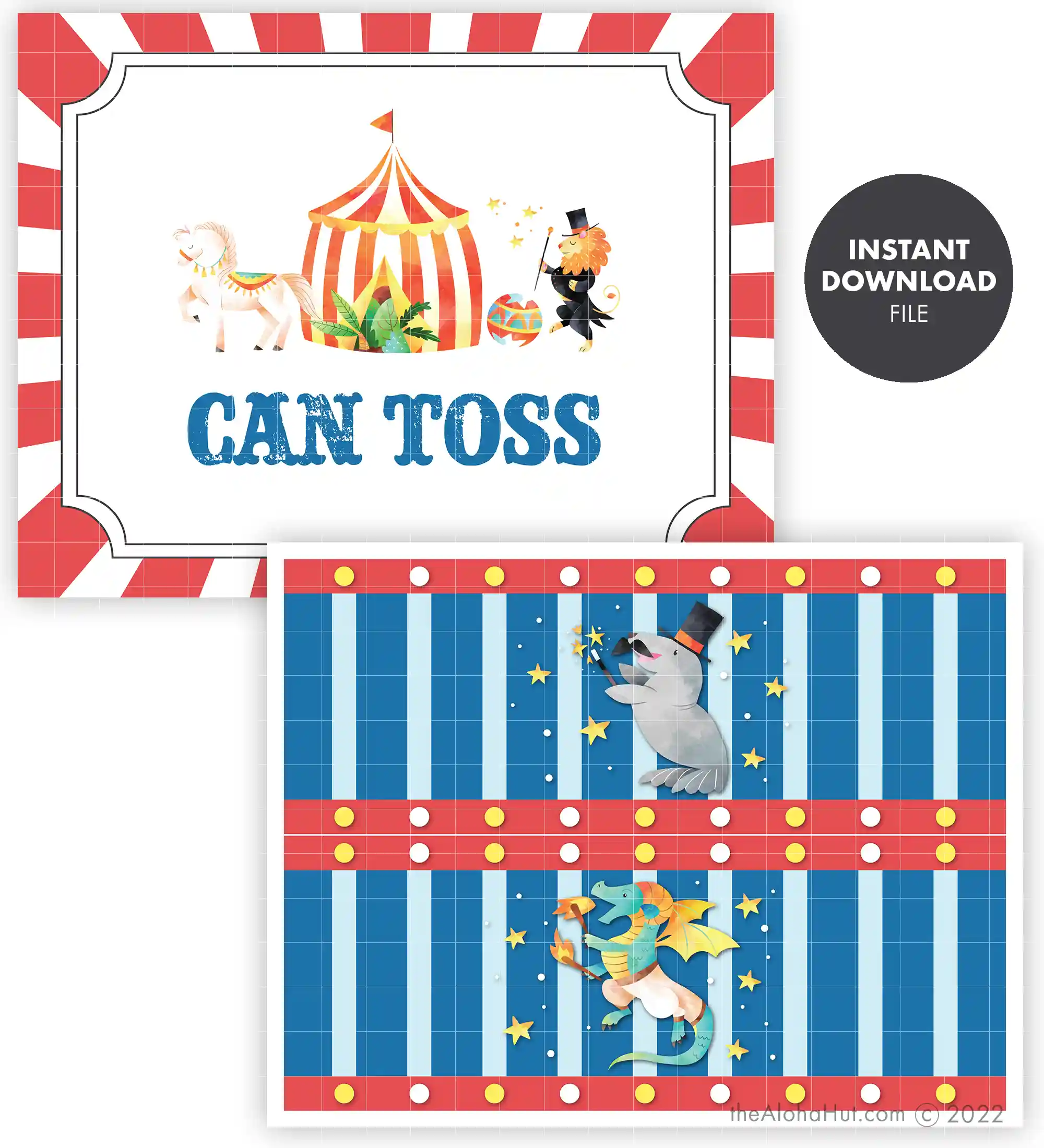 Can toss printable party game for a cheap and easy circus party or carnival booth.