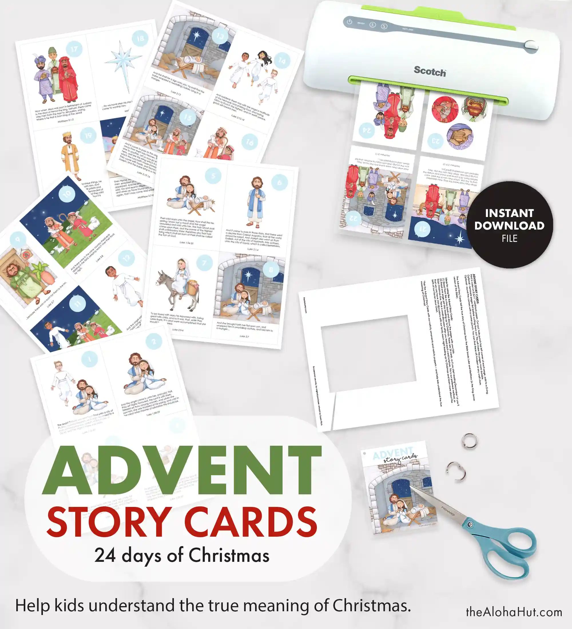 Christmas advent story cards. Download the printable advent story cards that have 25 pages about the birth of Jesus Christ. Print and teach kids the story of Jesus each day in December leading up to Christmas for a fun and easy nativity advent.