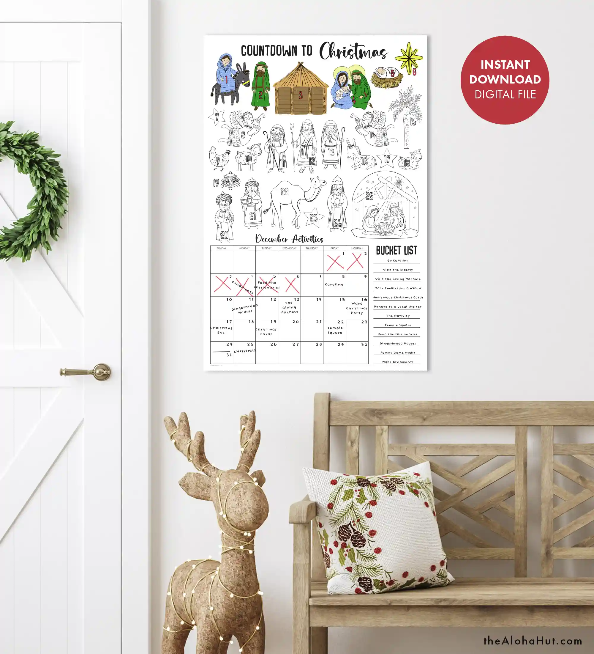 countdown to christmas coloring poster and december calendar printable to plan your decemeber bucket list activities and events.