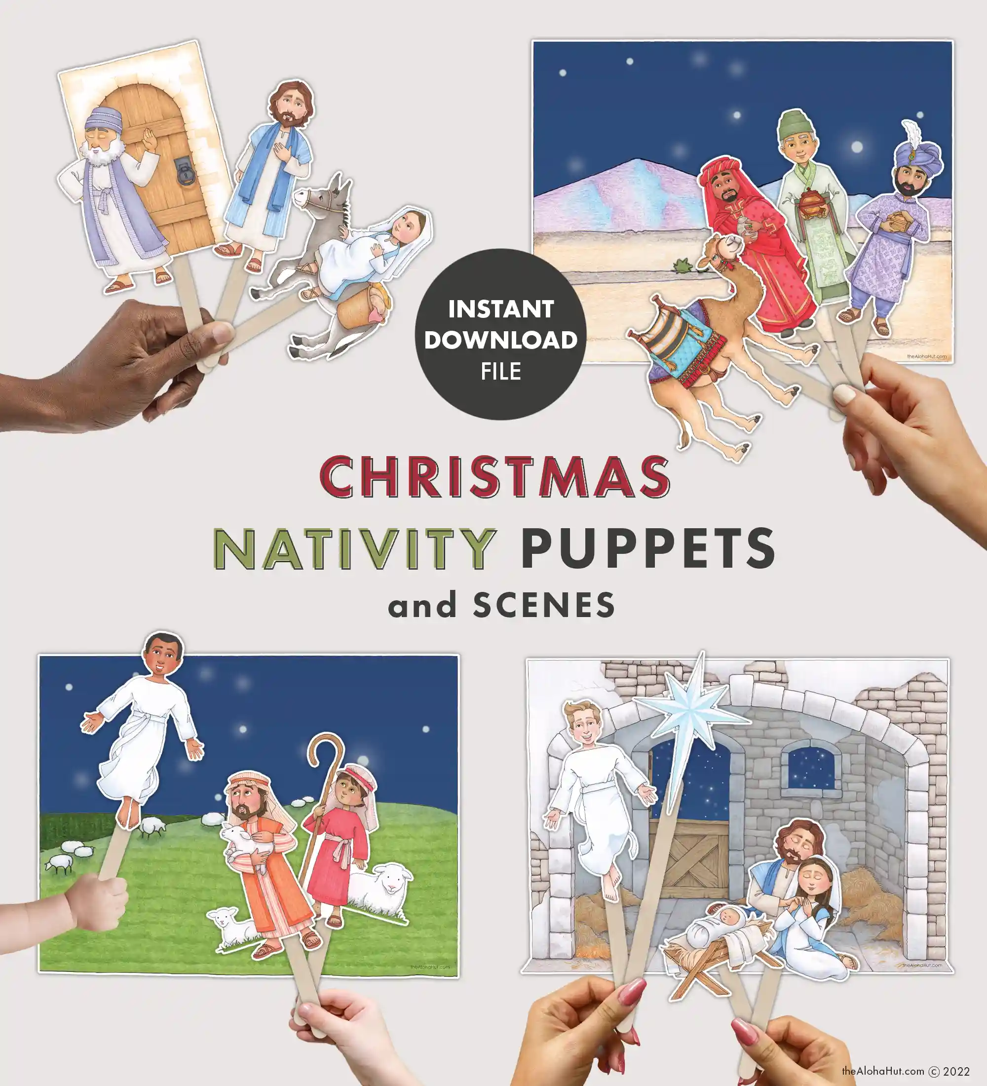 Christmas nativity puppets and scenes to help kids tell the Christmas story of the birth of Jesus Christ. Download the printable nativity puppets and scenes to add to your Christmas traditions in teaching about Christ's birth.