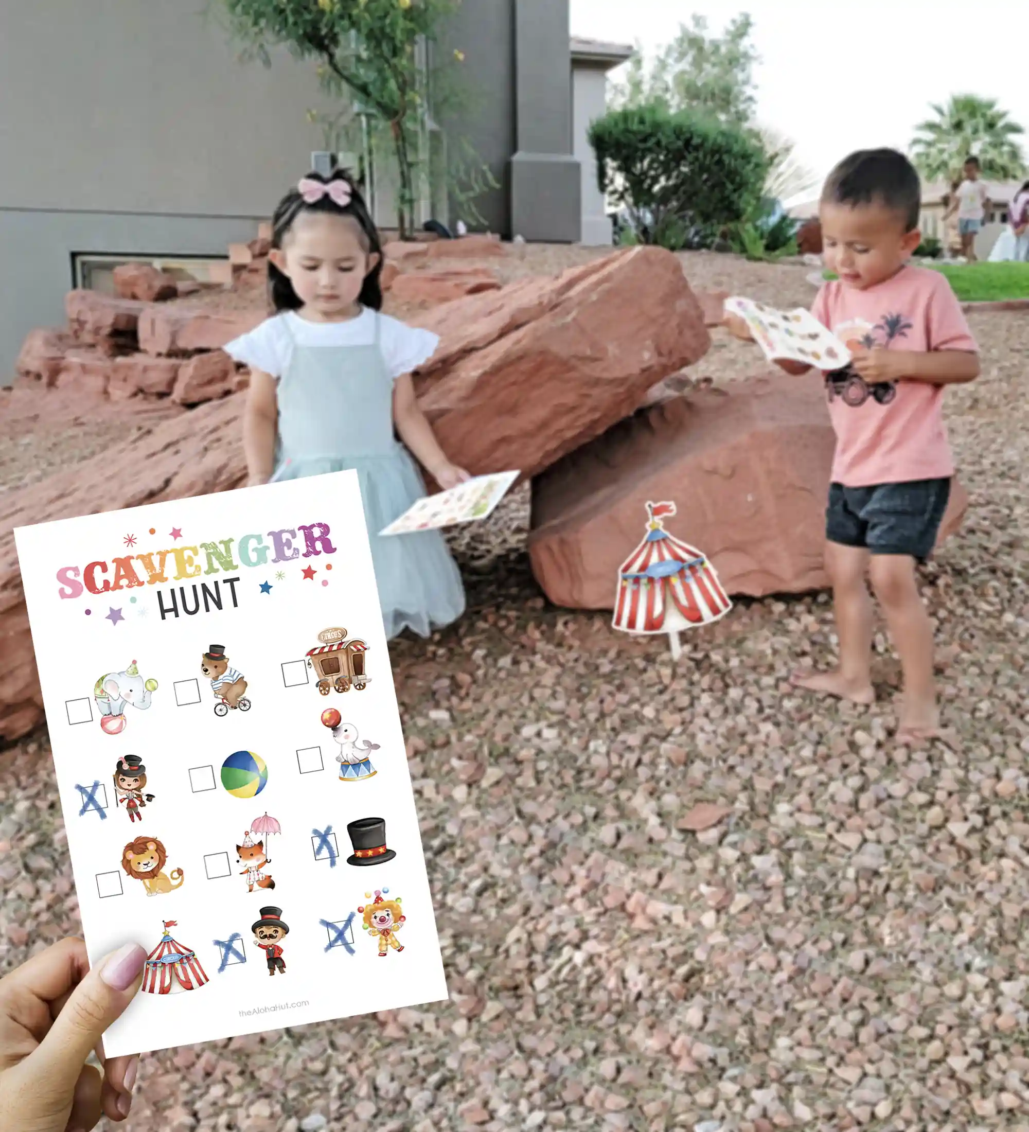 Scavenger hunt game for carnival party or circus party. Get the printable characters and instructions for playing in our shop. Easy to set up and fun to play. Cheap carnival games for your party.