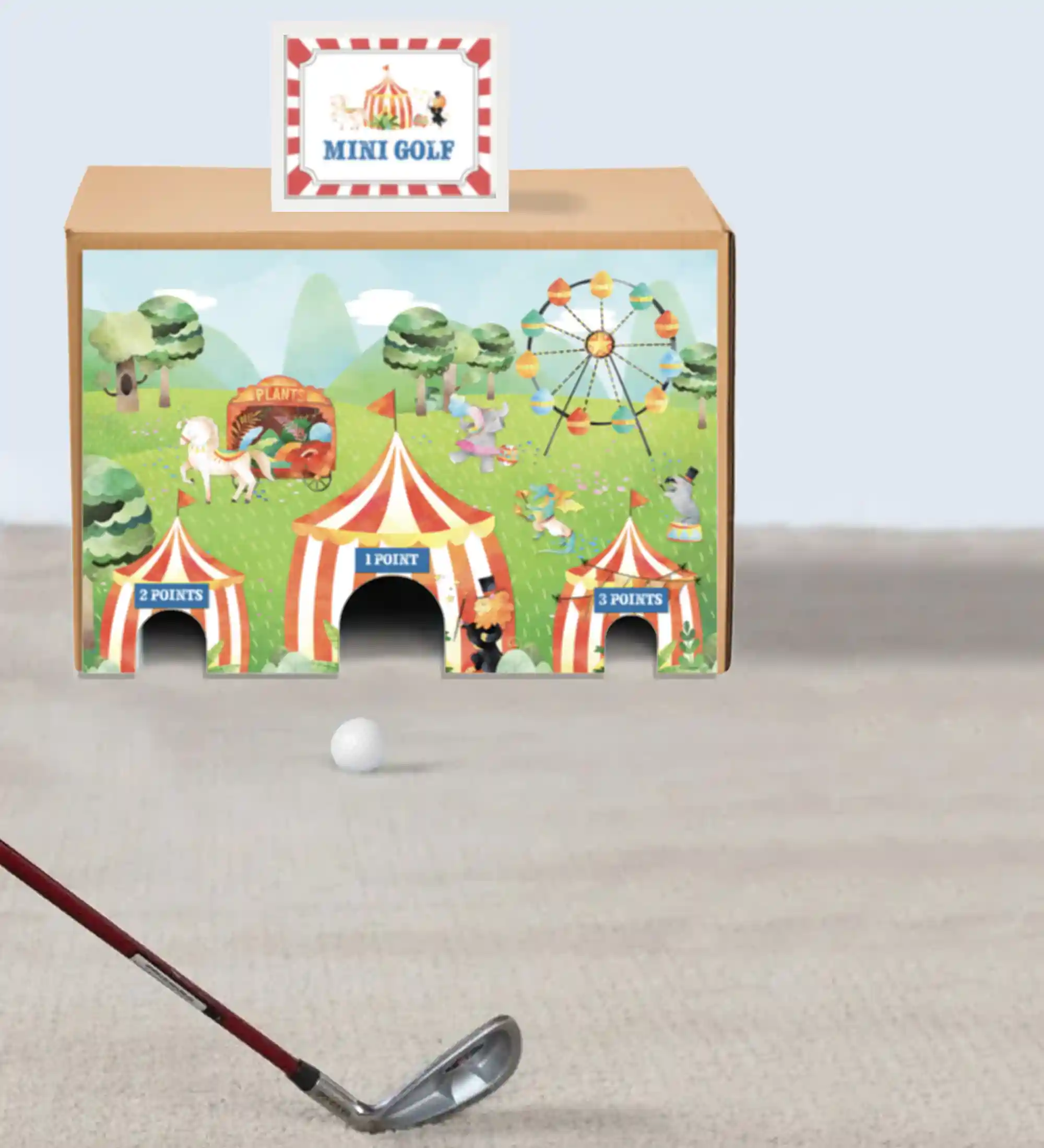 Minitaure golf printable game for a carnvial birthday party or circus themed birthday celebrations. Fun and easy game for a school carnival fundraiser and church carnival or church fall festival. Also use as a Hole in One DIY kids party game.
