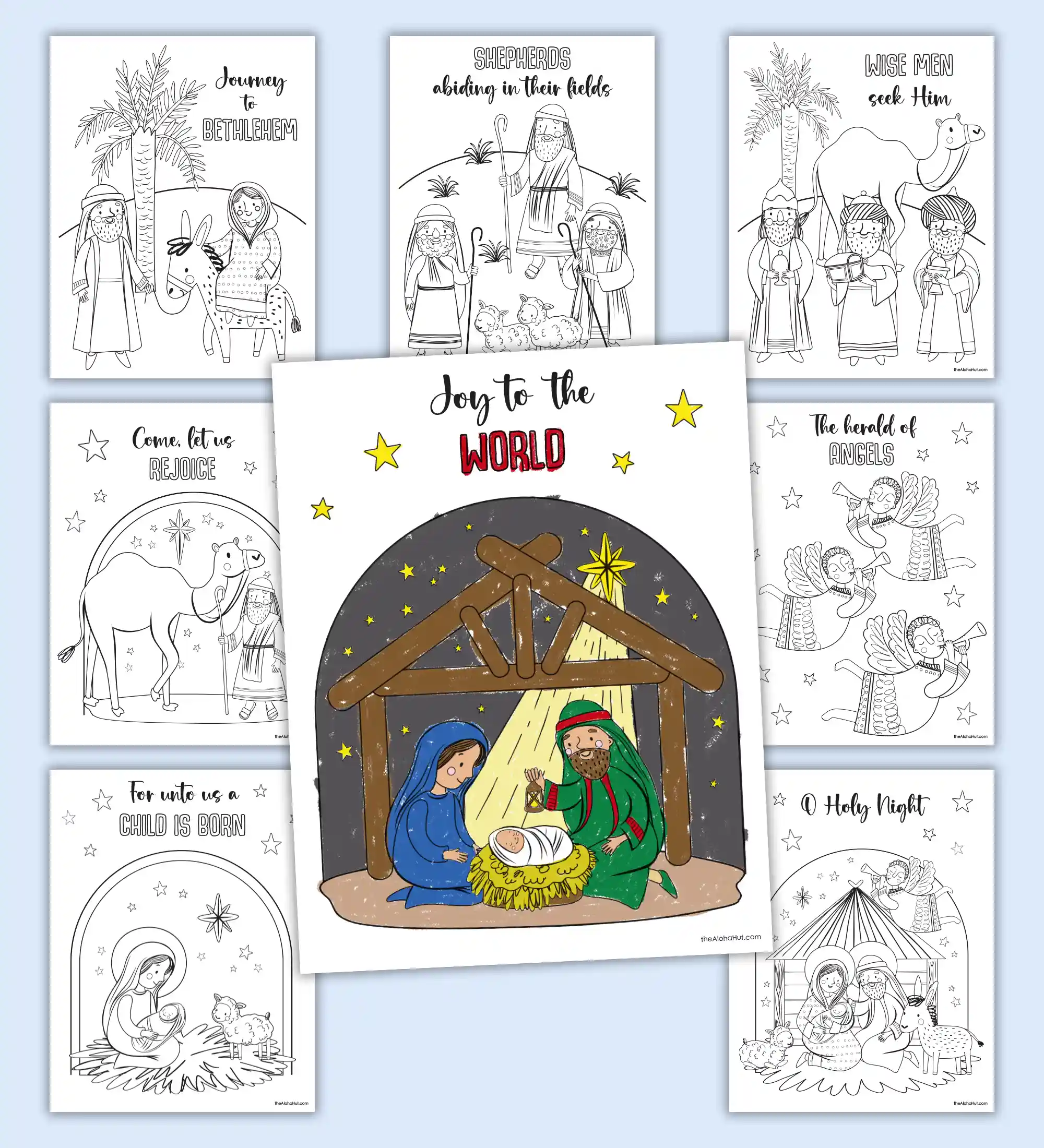 Nativity coloring pages for Christmas. Download the printable coloring pages to go along with the nativity story. There are 8 coloring pages of Mary, Joseph, baby Jesus, the shepherds, the wisemen, and the angels.