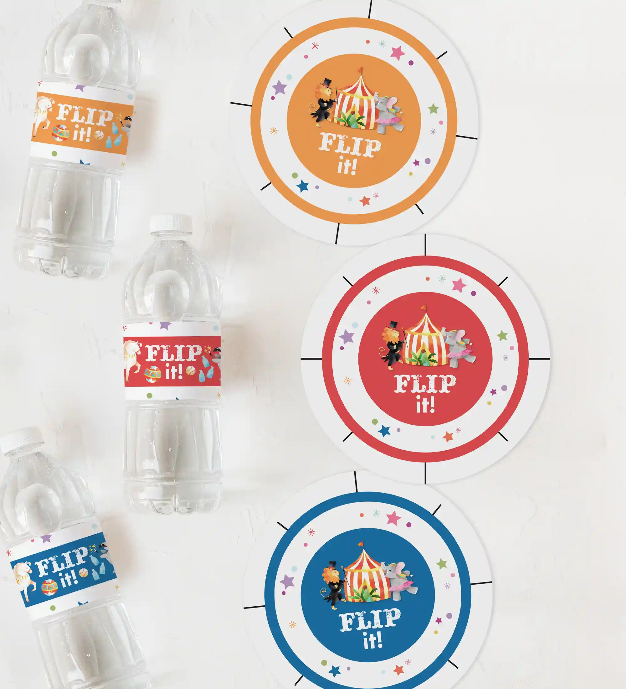 Water bottle flip carnival party game or a fun printable party game for a circus themed party. Printable includes water bottle labels, targets, and instructions.