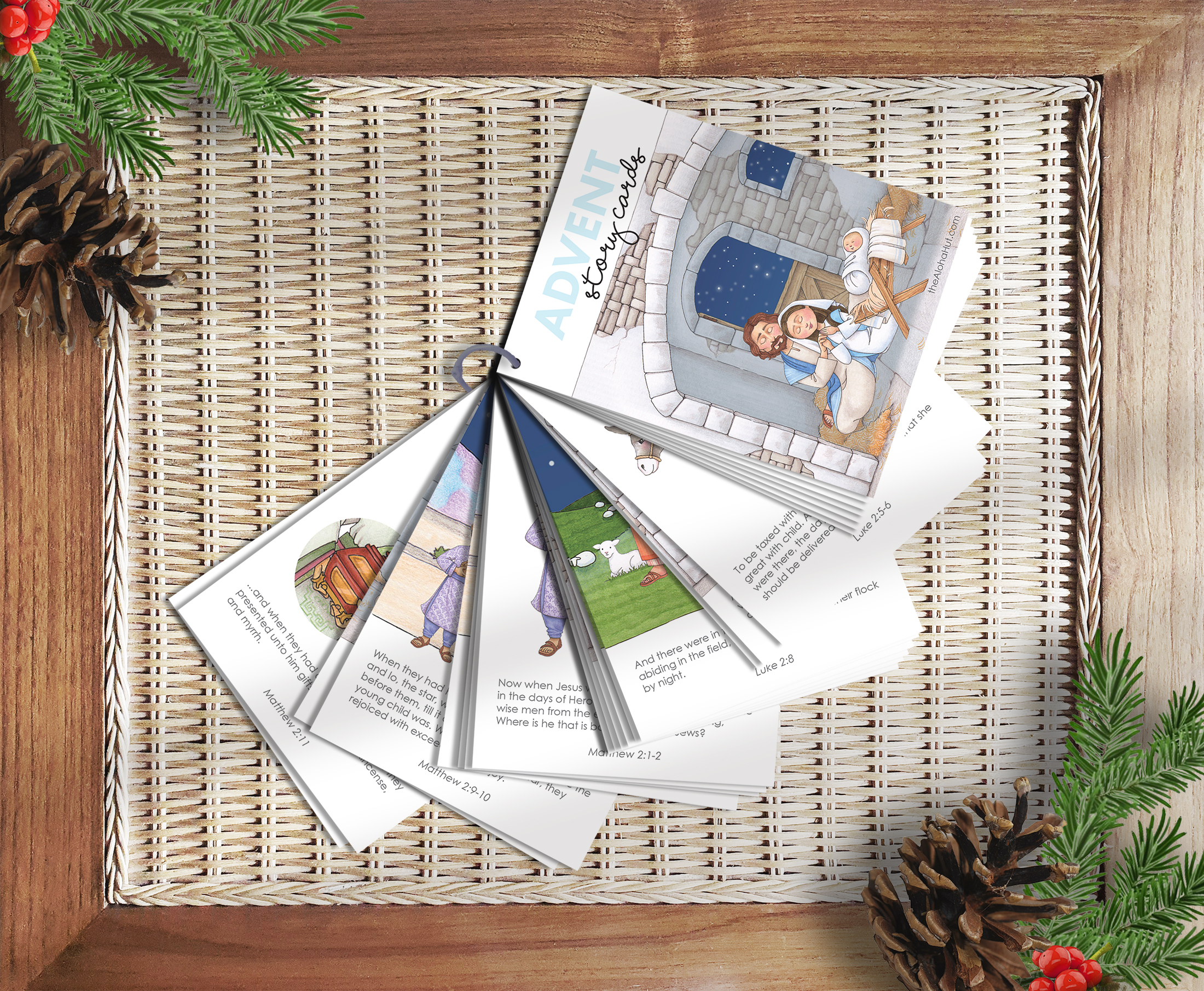 Christmas advent story cards. Download the printable advent story cards that have 25 pages about the birth of Jesus Christ. Print and teach kids the story of Jesus each day in December leading up to Christmas for a fun and easy nativity advent.