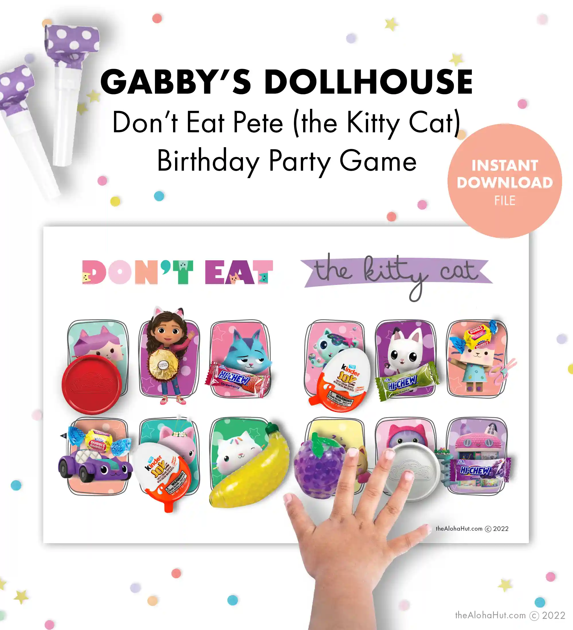 Favorite Gabby's Dollhouse birthday party games and activities include Gabby's Dollhouse Bingo, Don't Eat Pete (the Kitty Cat), Pin the Tail games but Gabby's Dollhouse themed. Toddlers and kids love Gabby's Dollhouse Cake Walk or Cupcake Walk game with their favorite Gabby's Dollhouse songs and cupcake toppers, and a Gabby's Dollhouse coloring sheet.