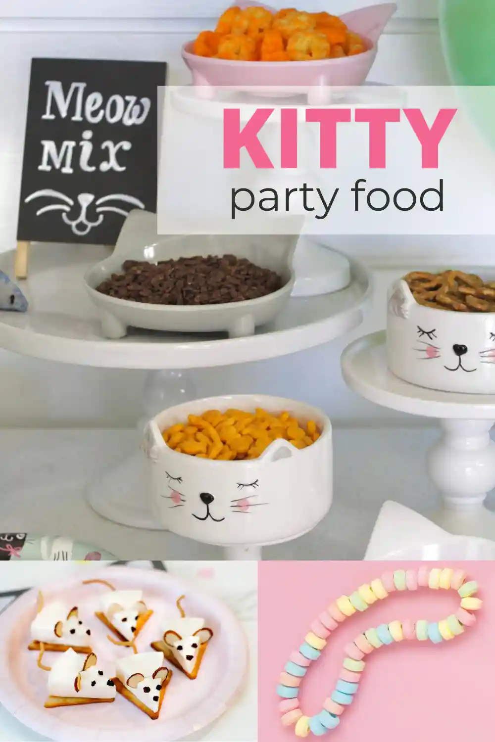 Gabby's Dollhouse party food ideas for the best birthday. Includes ideas for meow mix, cupcakes, cookies, cat shaped sandwiches, cat pizza, kitty cat collars, yarn balls, mouse cheese wedges, and more! Easy ideas to help you plan the food for a Gabby's Dollhouse birthday party with easy food ideas.