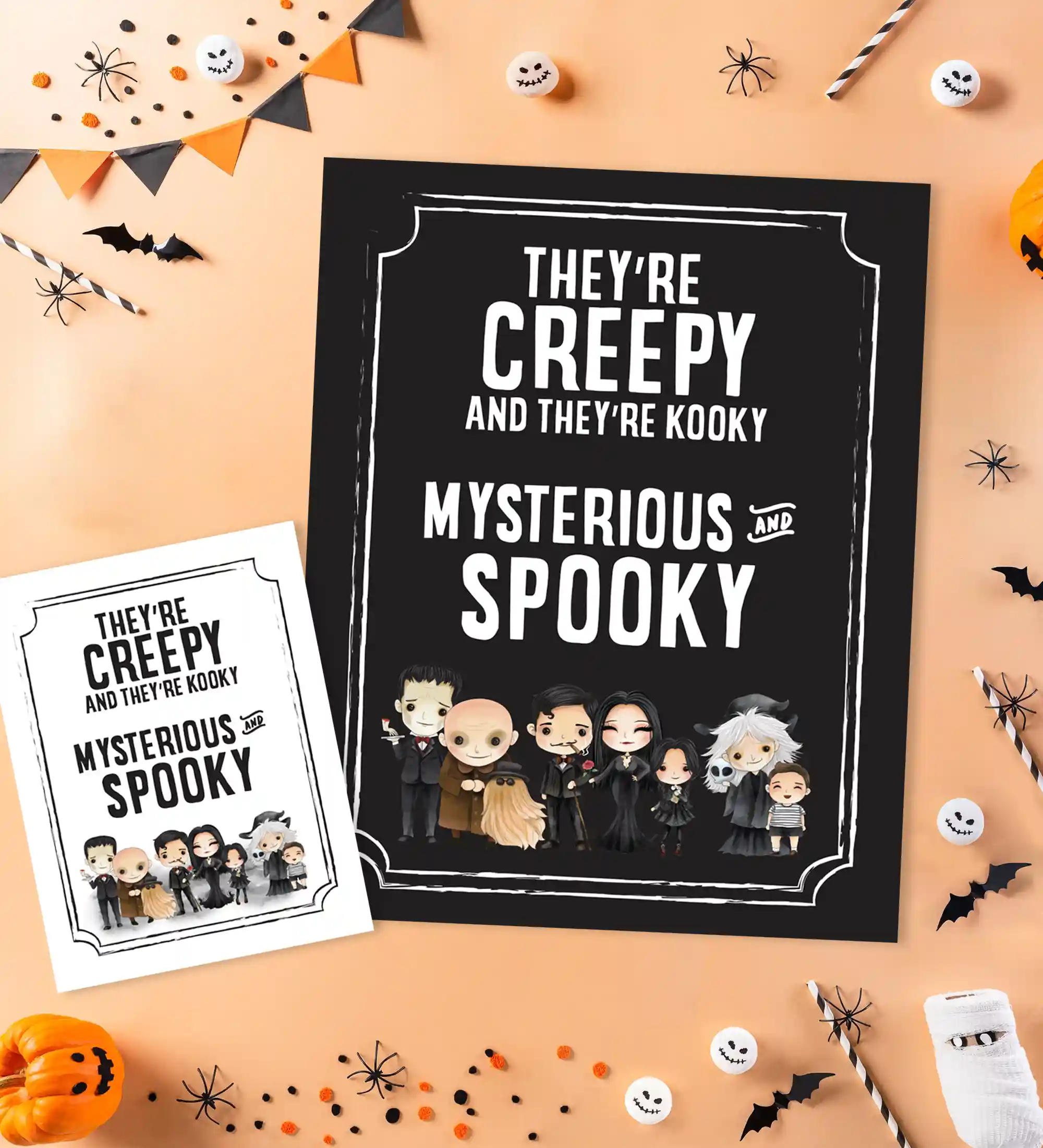 Addams family creep and kooky, mysteriously spooly and ooky sign for a gothic themed halloween party. Printables for a Wednesday birthday party, Addams Family themed baby shower, or a Wednesday viewing party.