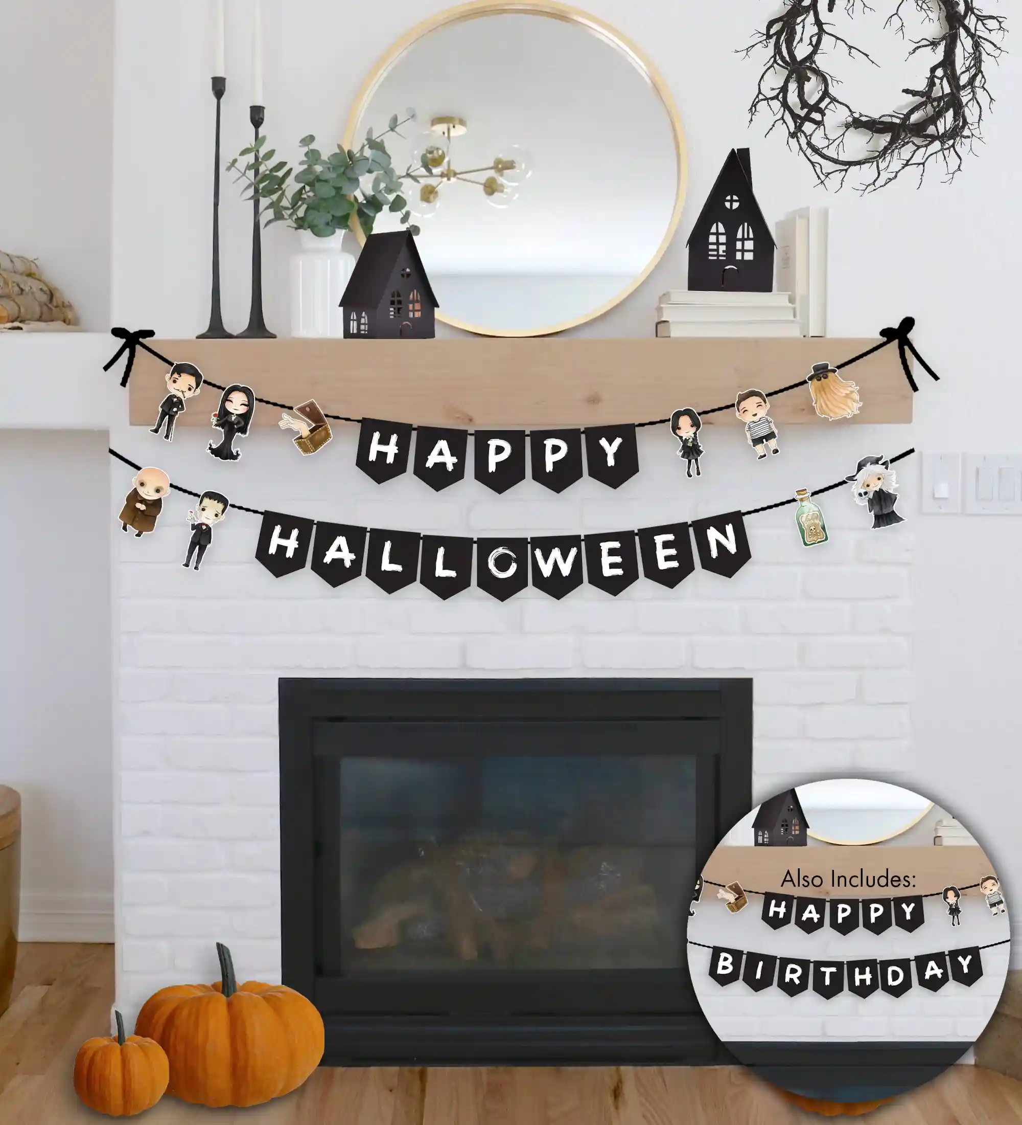 Addams family banner and DIY garland. Includes two options - Happy Halloween banner and Happy Birthday banner. Download the printables for a Wednesday birthday party, Addams Family themed baby shower, or a Wednesday viewing party. Includes all the favorite characters Cousin Itt, Wednesday, Morticia, Gomez, Lurch, Uncle Fester, Pugsley, Thing, and more.