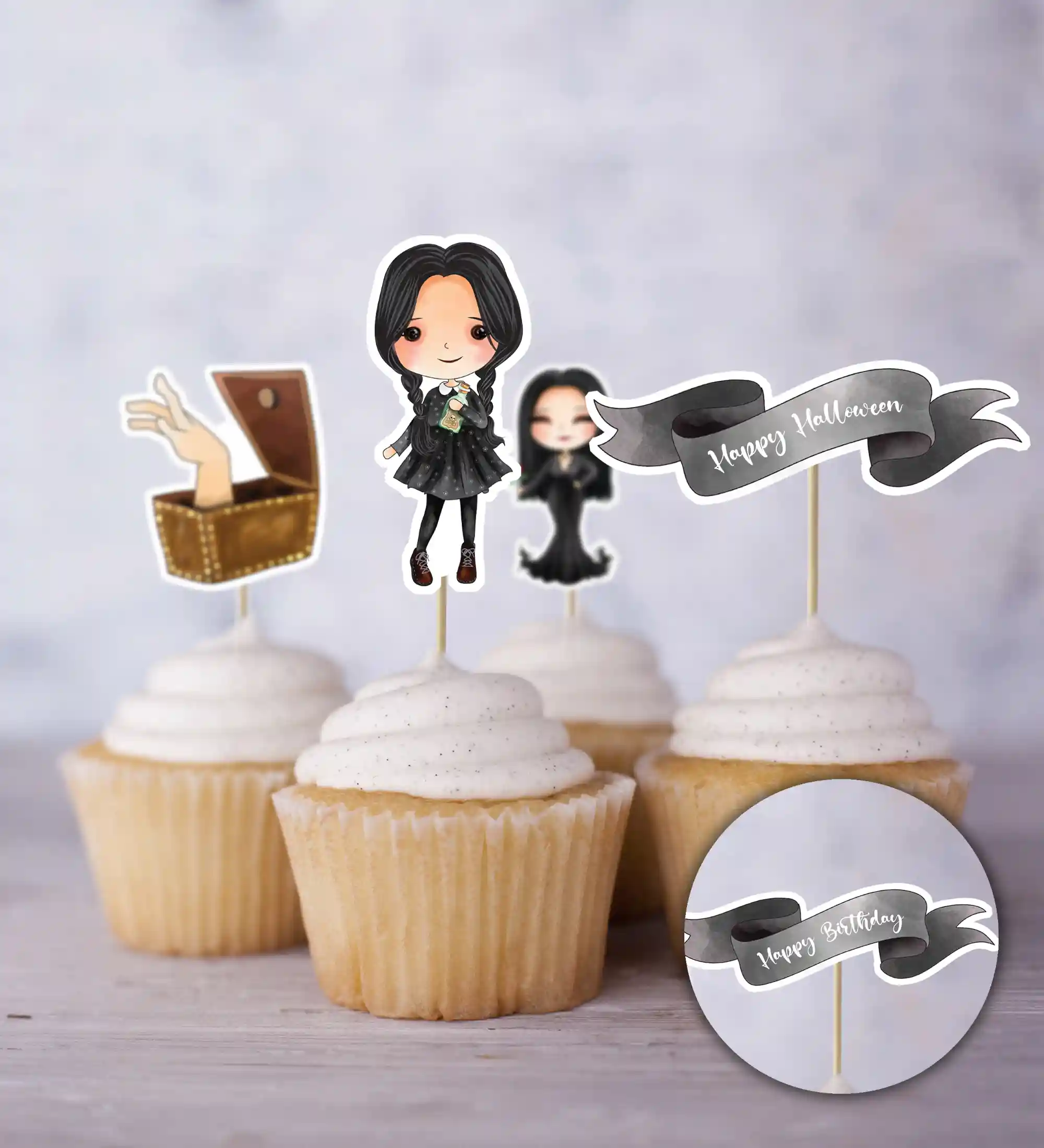 Addams family cupcake toppers. Download the printables for a Wednesday birthday party, Addams Family themed baby shower, or a Wednesday viewing party. Cupcake toppers include Cousin Itt, Wednesday, Morticia, Gomez, Lurch, and more.