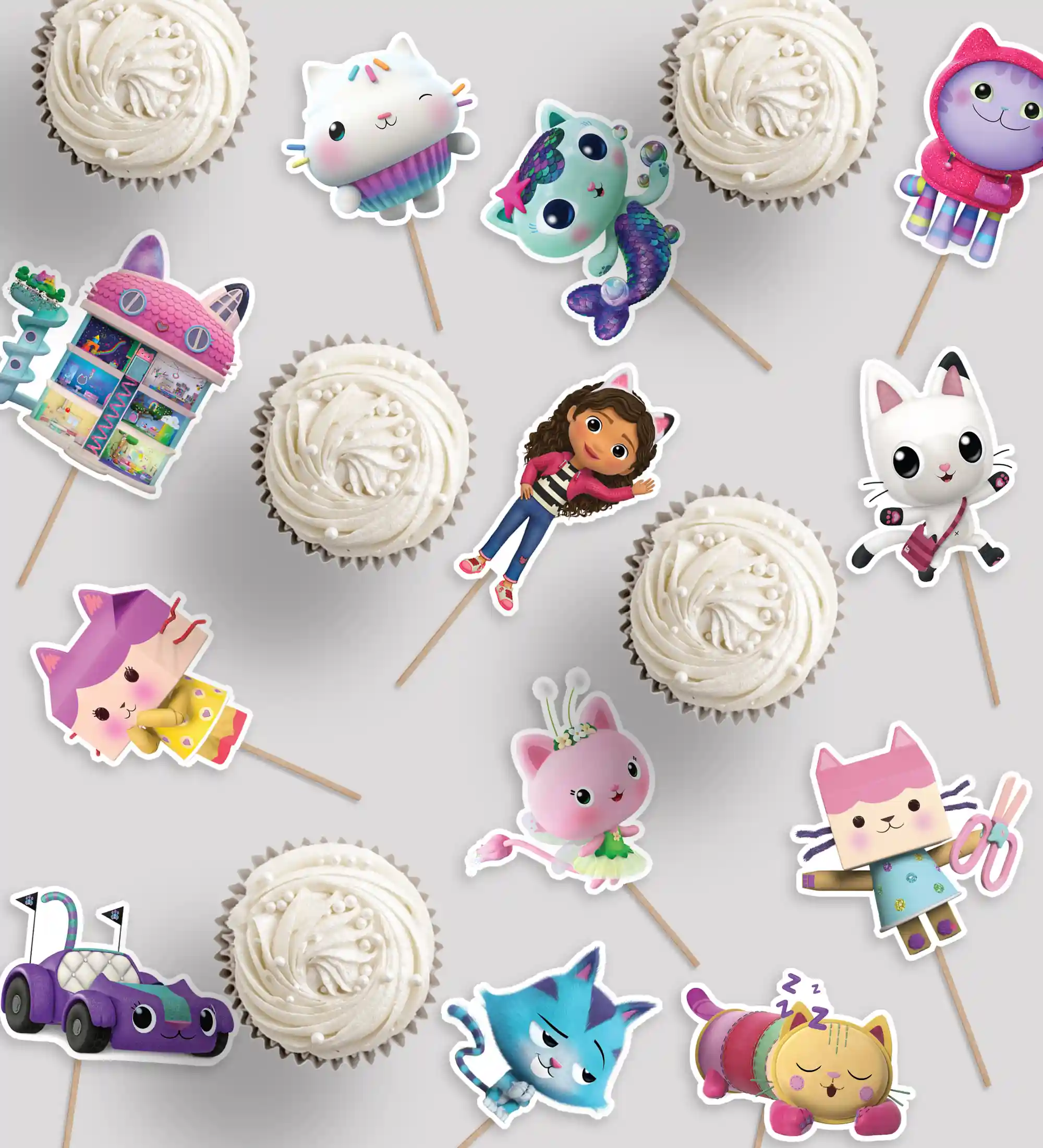 Decorate for your Gabby's Dollhouse party with printable Gabby themed prints. Includes Gabby's Dollhouse thank you tags, welcome sign, cupcake toppers, cake topper, happy birthday banner, Gabby stickers and tags, birthday garland, character cutouts for large decor, games, activities, and coloring pages.