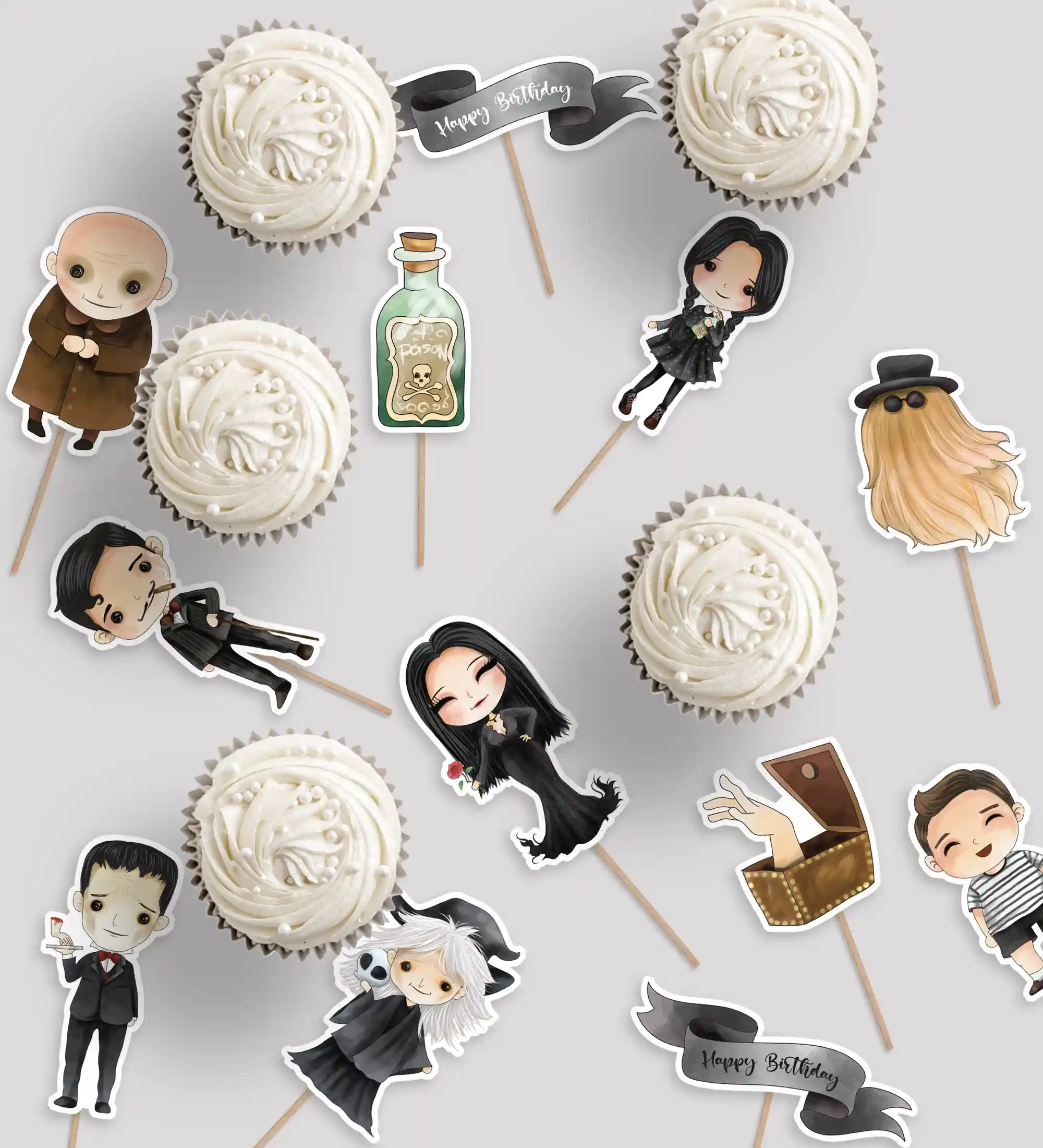 Addams family cupcake toppers. Download the printables for a Wednesday birthday party, Addams Family themed baby shower, or a Wednesday viewing party. Cupcake toppers include Cousin Itt, Wednesday, Morticia, Gomez, Lurch, and more.
