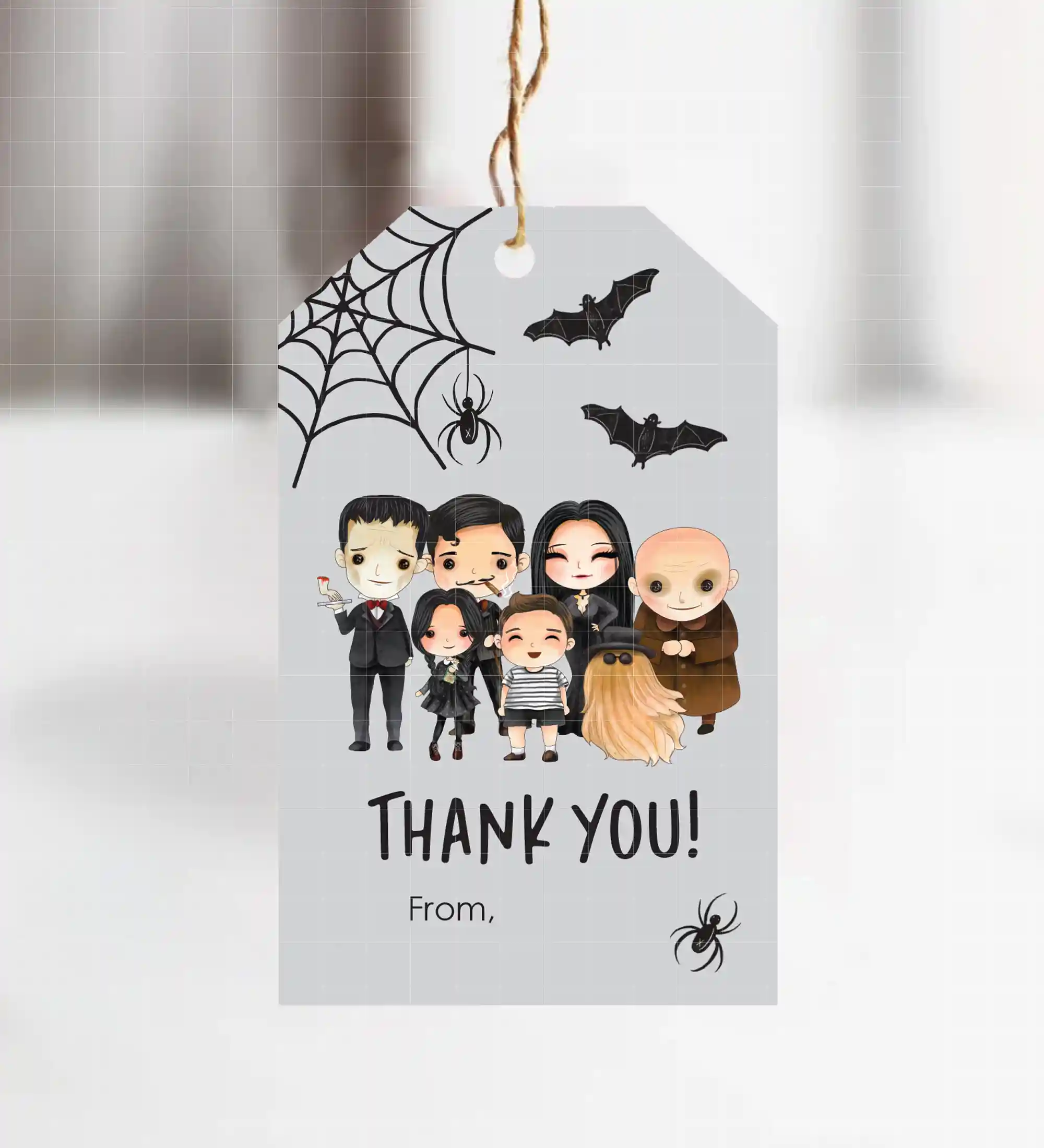 Addams family thank you tags for your party favors. Download the printables for a Wednesday birthday party, Addams Family themed baby shower, or a Wednesday viewing party. Includes Cousin Itt, Wednesday, Morticia, Gomez, Lurch, and more.