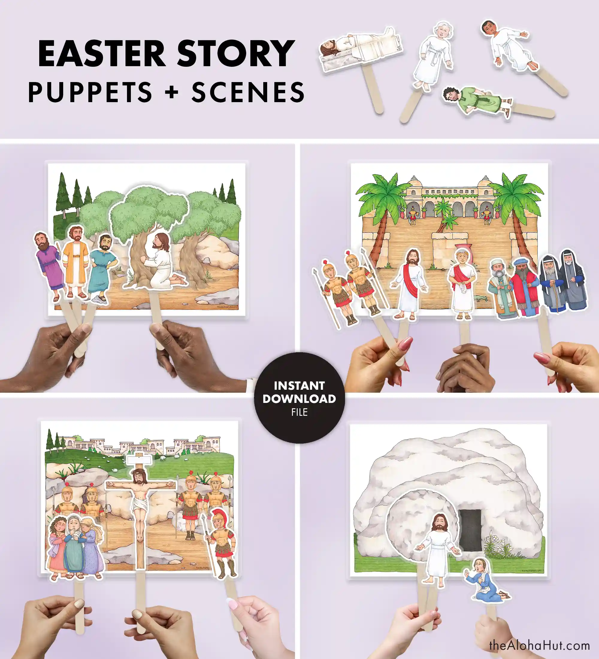 Easter story puppets and scenes to help kids learn the Easter story and tell about the resurrection of Jesus Christ. These Easter story puppets and scenes are a great lesson help and can be used at home, church, or Bible school. Great for older kids or even for younger kids to learn about Jesus and His death and resurrection.