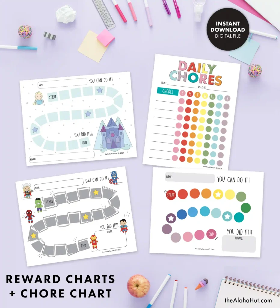 Help kids set, keep, and track goals with a daily reward chart and daily chores tracker checklist. Includes princess, superhero, and rainbow reward chart plus a daily charts list for kids to personalize and track each week.