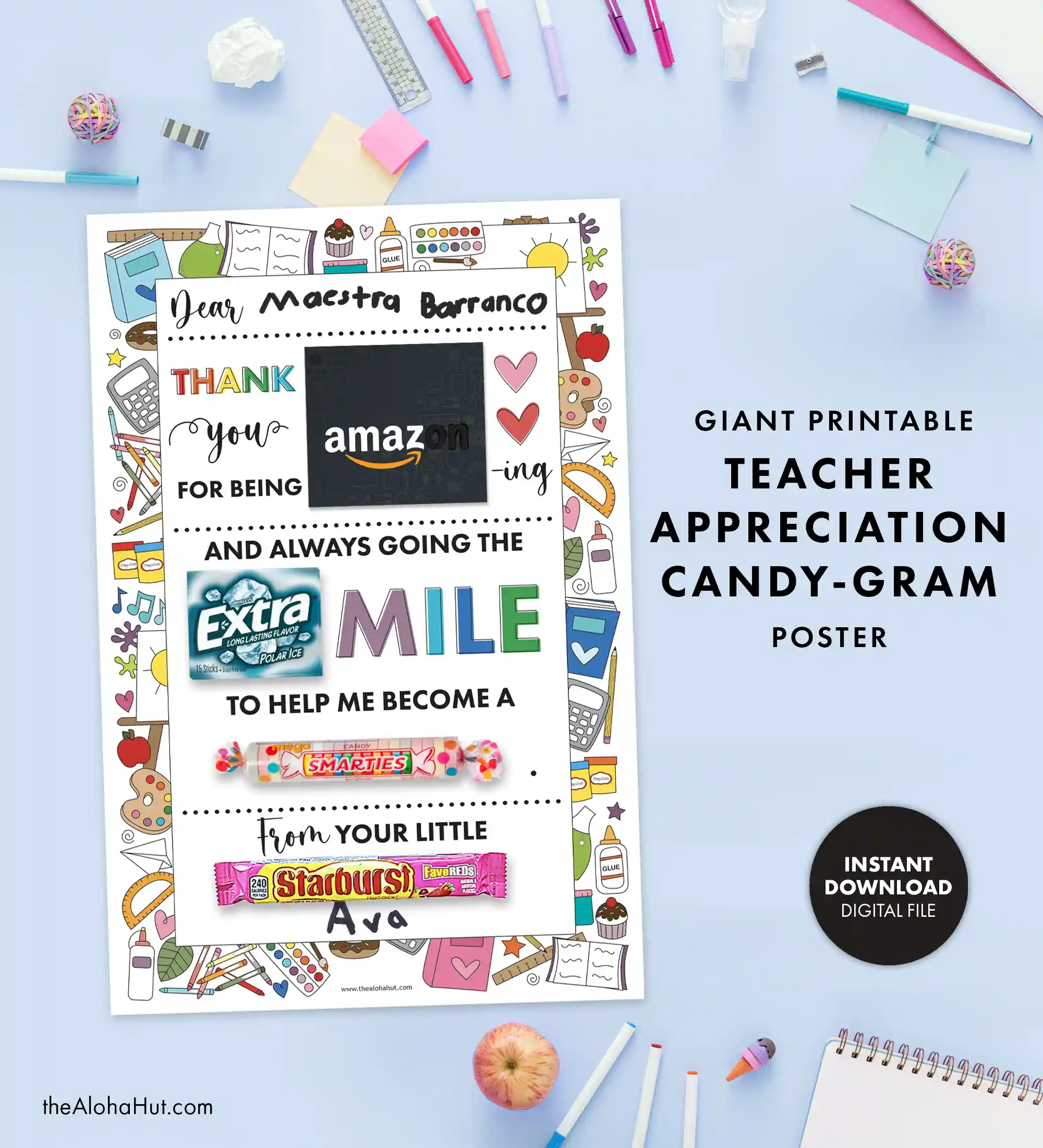 Simple and easy teacher appreciation gift idea - a giant candy gram card with goodies and an Amazon gift card to say thank you to teachers and/or school staff.