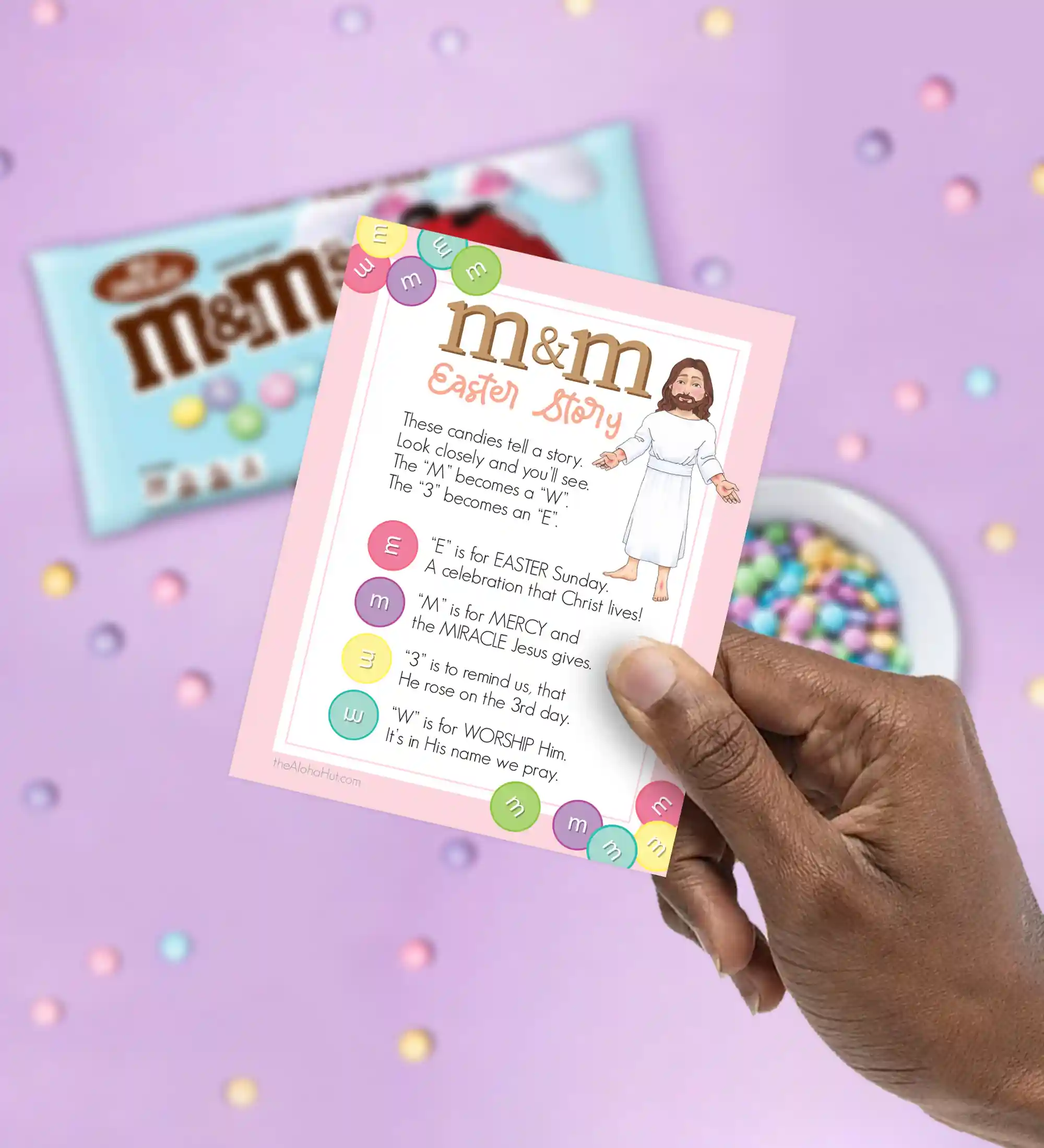 M&M Easter Story gift tag. Attach M&Ms to this fun and simple Easter tag to teach kids a little more about the true meaning behind our Easter celebrations. Great for a ministering handout or to give your pimary class kids.