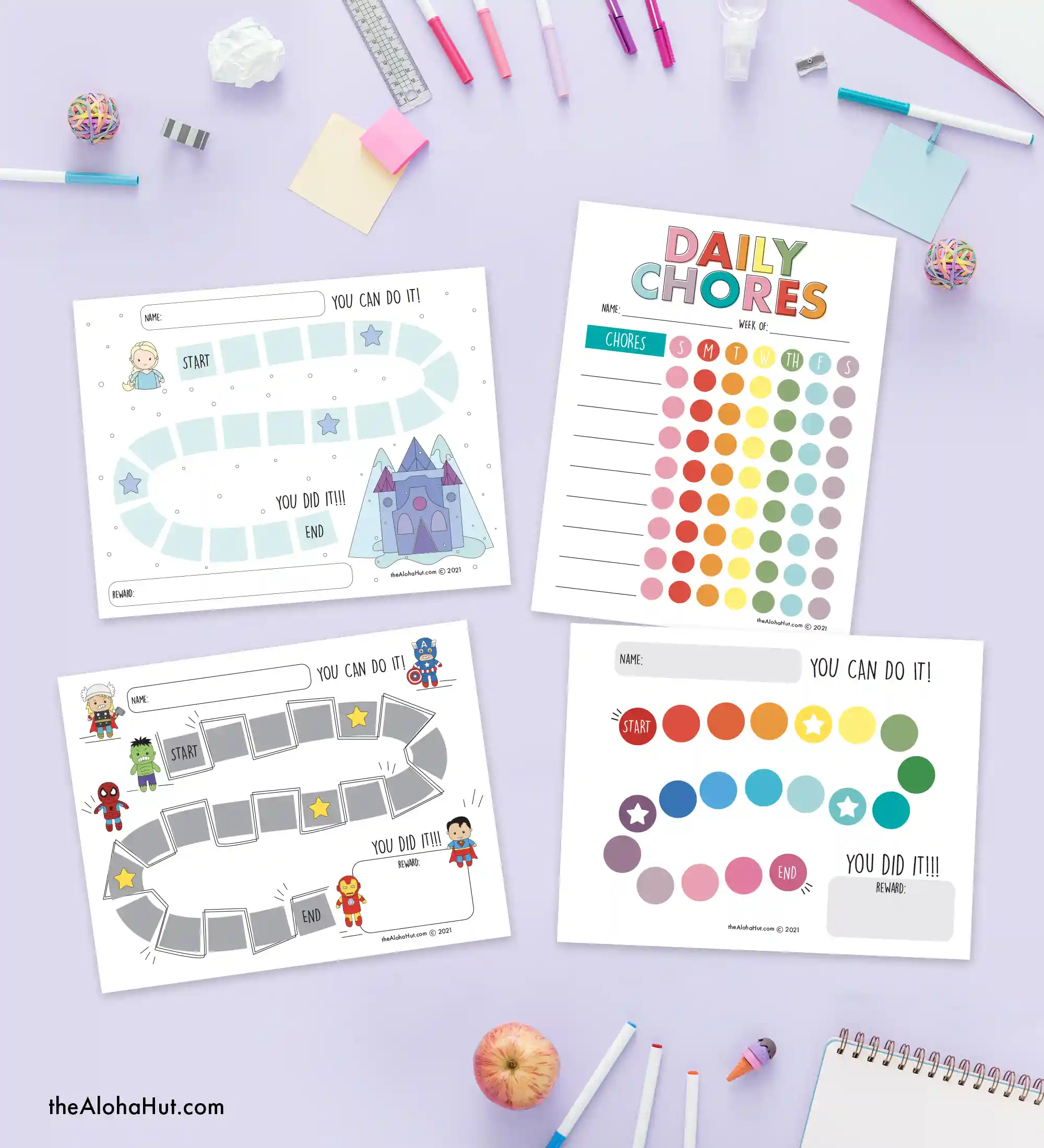 Help kids set, keep, and track goals with a daily reward chart and daily chores tracker checklist. Includes princess, superhero, and rainbow reward chart plus a daily charts list for kids to personalize and track each week.