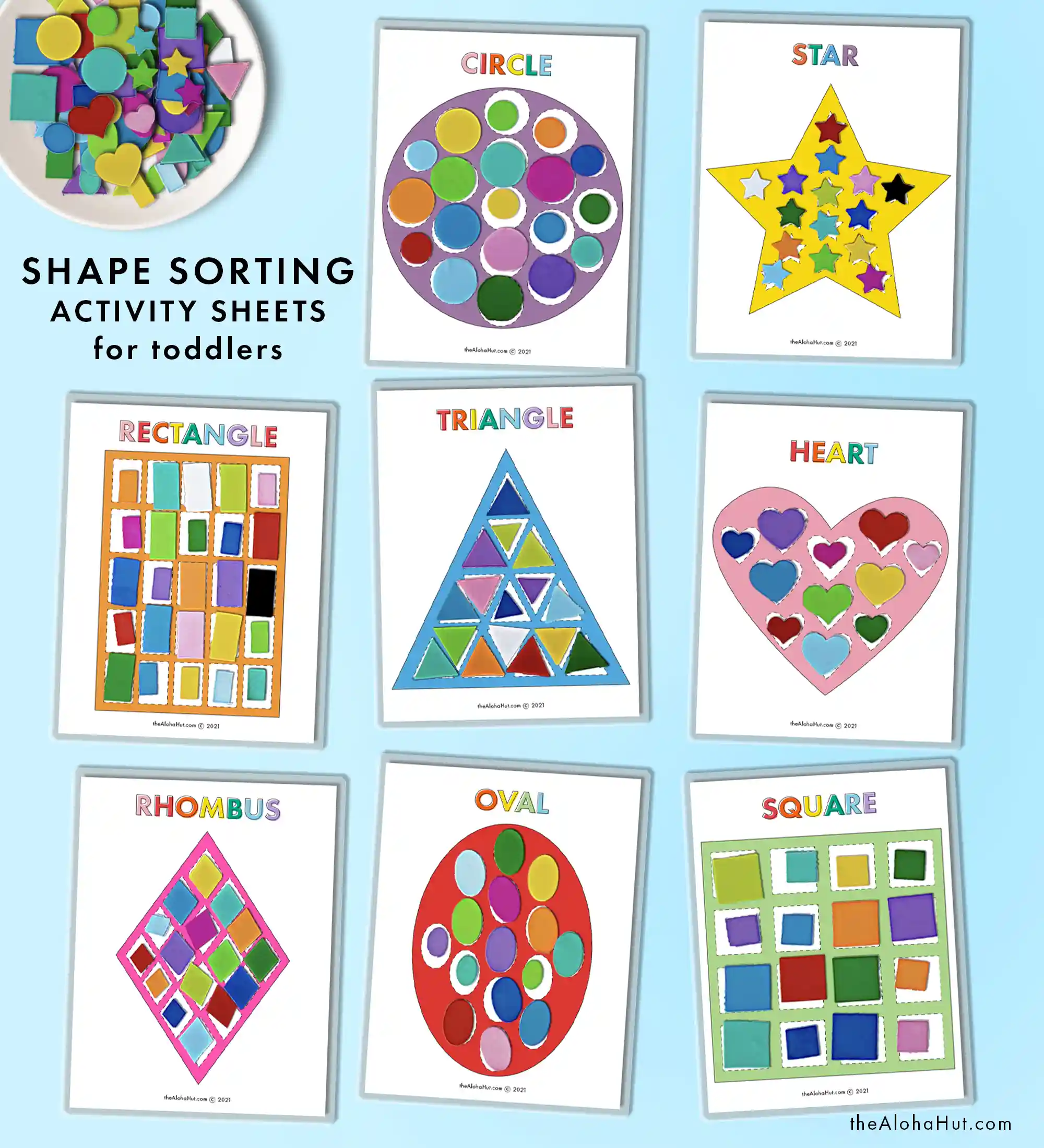 Teach your young children their shapes with these printable shap activity sheets. Includes 8 pages and worksheets to teach your children circle, star, rectangle, triangle, heart, rhombus, oval, and square. Use them as sorting sheets, playdough mats, or let your children draw on them and count the shapes.