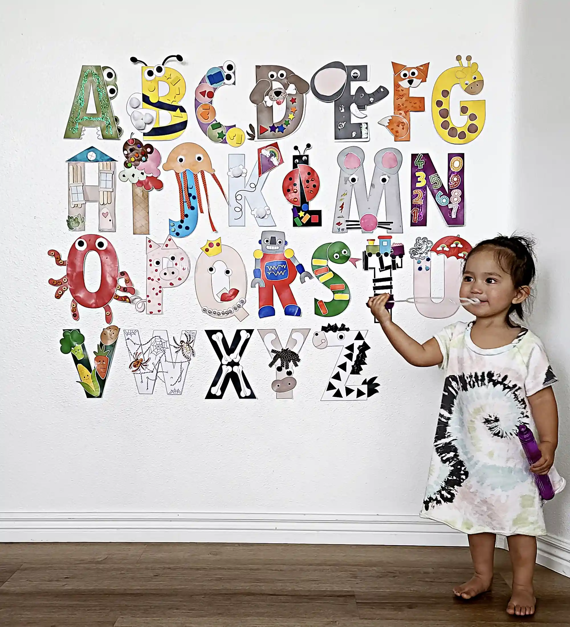 Alphabet letter crafts for kids. Download the printable alphabet letter craft pages to teach kids their ABCs and for a hands-on fun art project. These alphabet letter crafts make the most fun letter wall and help your children recite theirs alphabet while they point to their own DIY letters they colored and decorated!