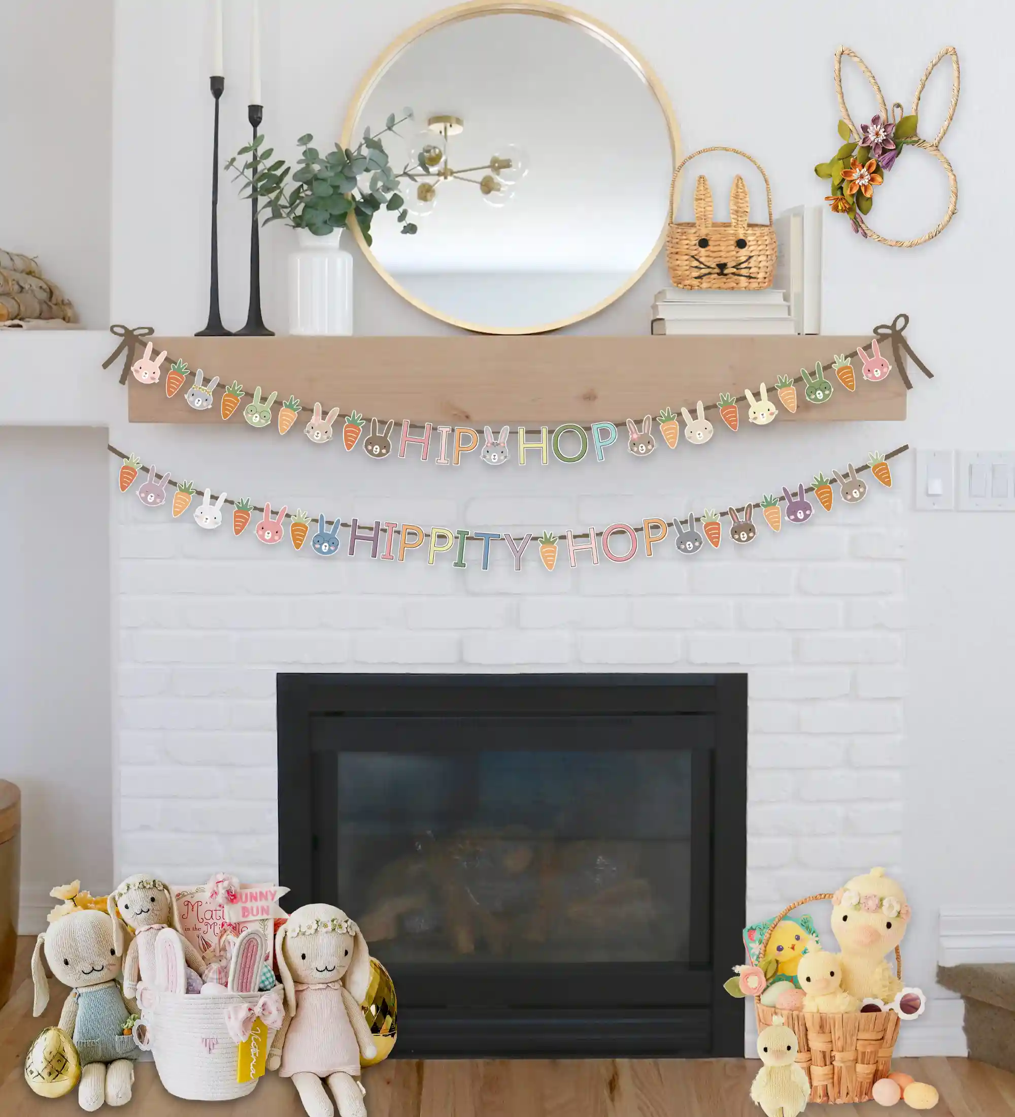 Simple and easy Easter garlands to help you decorate for Easter on a budget. These printable Easter garlands are a cheaper alternative to the Easter felt ball garlands and include lots of cute Easter bunnies, carrots. and the phrase Hip Hop Hippity Hop. This is an easy decoration for your Easter themed mantel or Easter party.