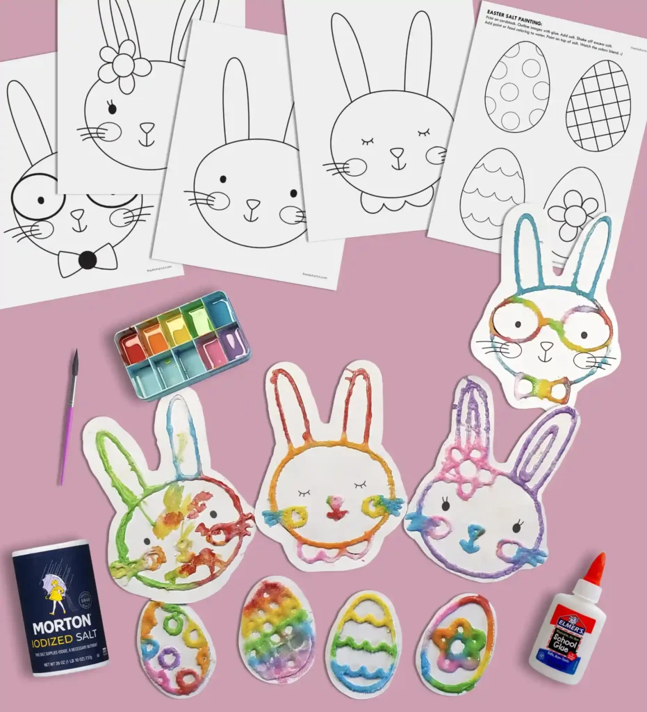 Easter Salt art kids activity and Easter coloring pages. These printable Easter activity pages are the perfect art activity for kids, preschoolers, or for an activity at an Easter party. Use them to make Easter salt art paintings or as Easter coloring pages.