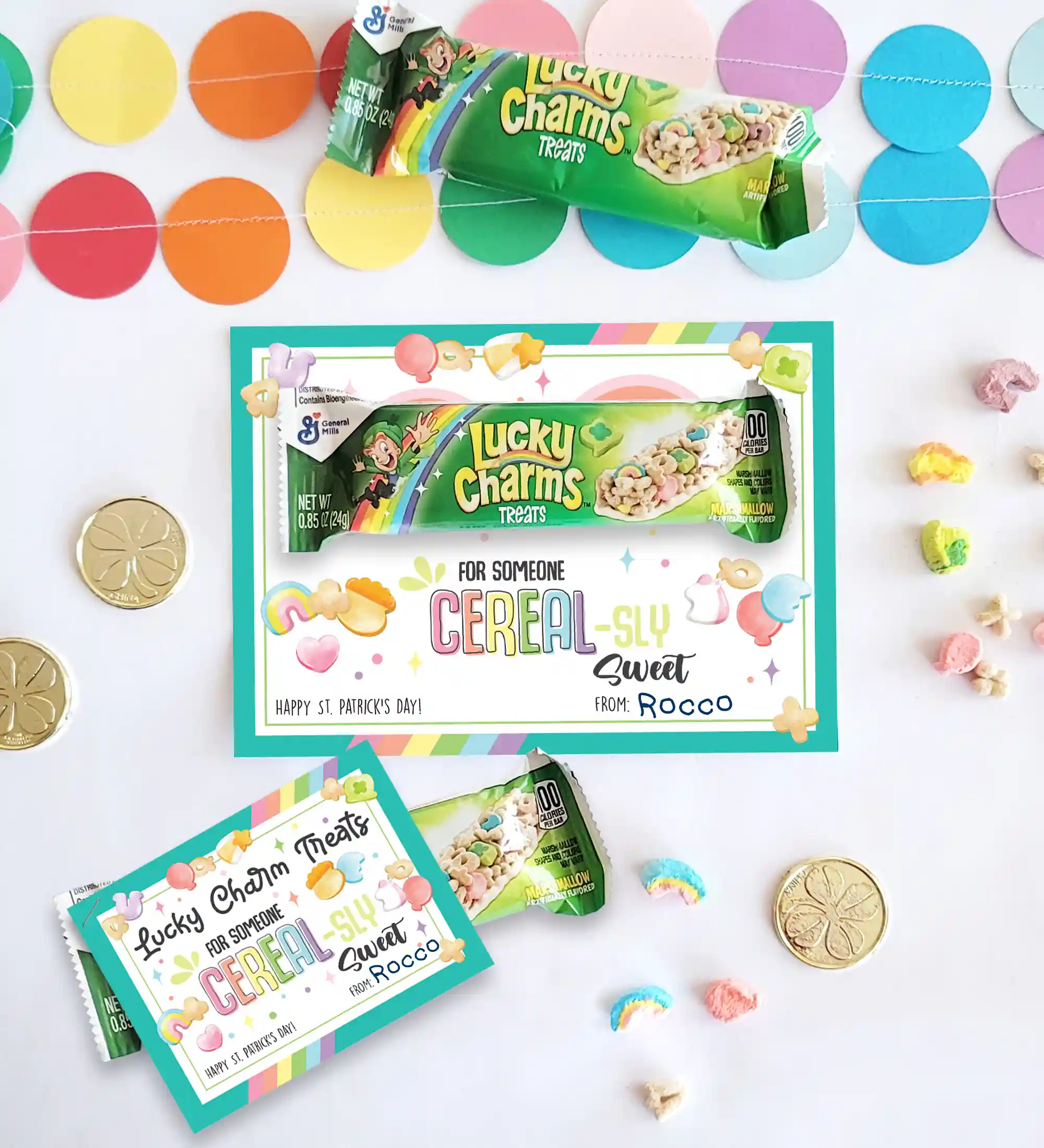 Printable St. Patrick's Day gift tag for a fun and easy gift for St. Patrick's Day. Gfit tag says: "For someone CEREAL-sly sweet. Happy St. Patrick's Day!" Attach gift tag to a box of Lucky Charms, a St. Patrick's Day themed treat like a Lucky Charms treat bar, or a small toy!