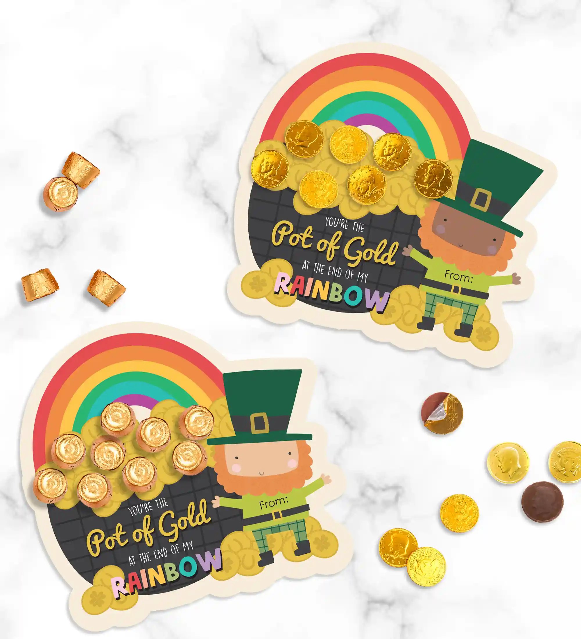 Printable St. Patrick's Day gift tag for a fun and easy gift for St. Patrick's Day. Gfit tag says: "You're the pot of gold at hte end of my rainbow!" Attach any gold candies for the gold coins. You could attach chocoloate gold coins, Rolo's, or even Hershey's gold nugget bars.