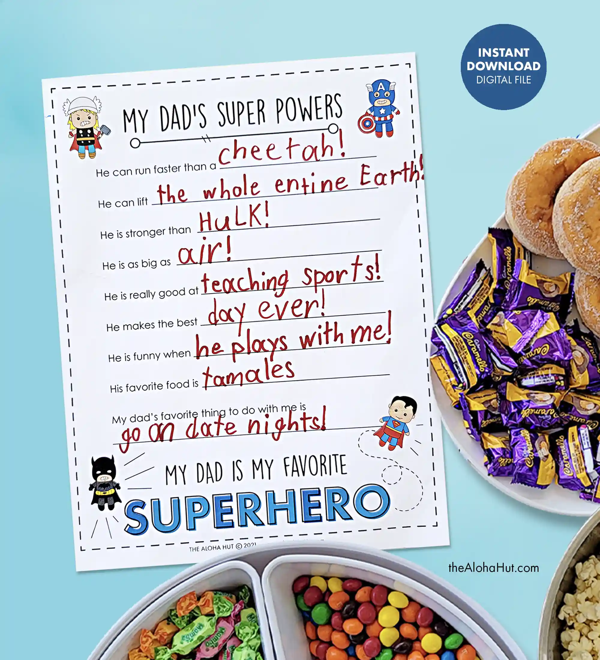 All About Dad Father's Day kids activity and fill in the blank worksheet. Tell dad you love him this Father's Day with this easy printable Father's Day card that is superhero themed for the super hero dad! The All About Dad printable activity page is perfect for the memory book and a fun tradition to do for dad each year with the kids.