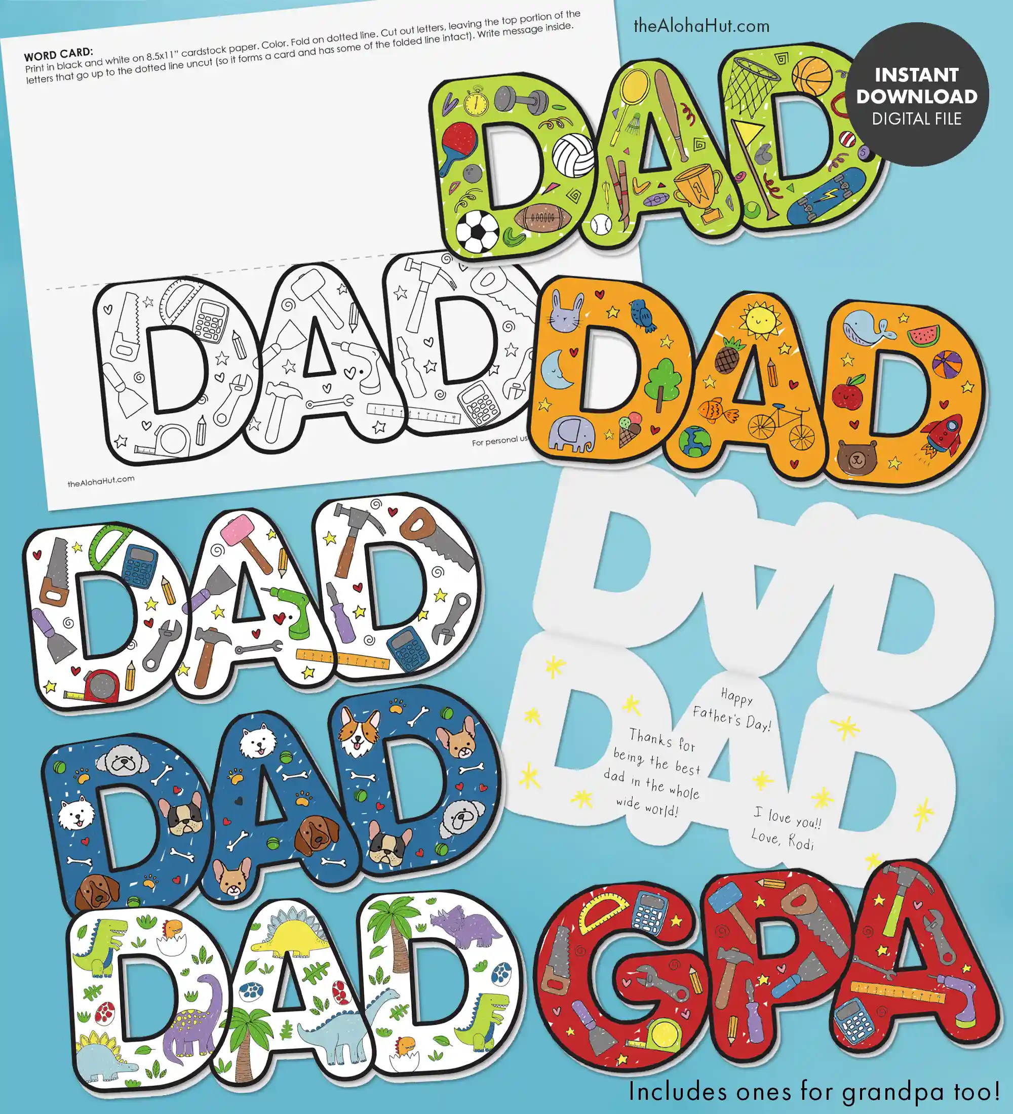 Father's Day word cards for dad and grandpa. This is a great craft and DIY card for dad for school kids, preschool kids, or if you want a homemade unique card for dad. Comes in five different themes (sports card, pets card, tools card, etc) so you can print dad's favorite and then color. Cut it out and write a personalized message to dad or grandpa. Easy Father's Day gift idea and the best card for dad and grandpa!
