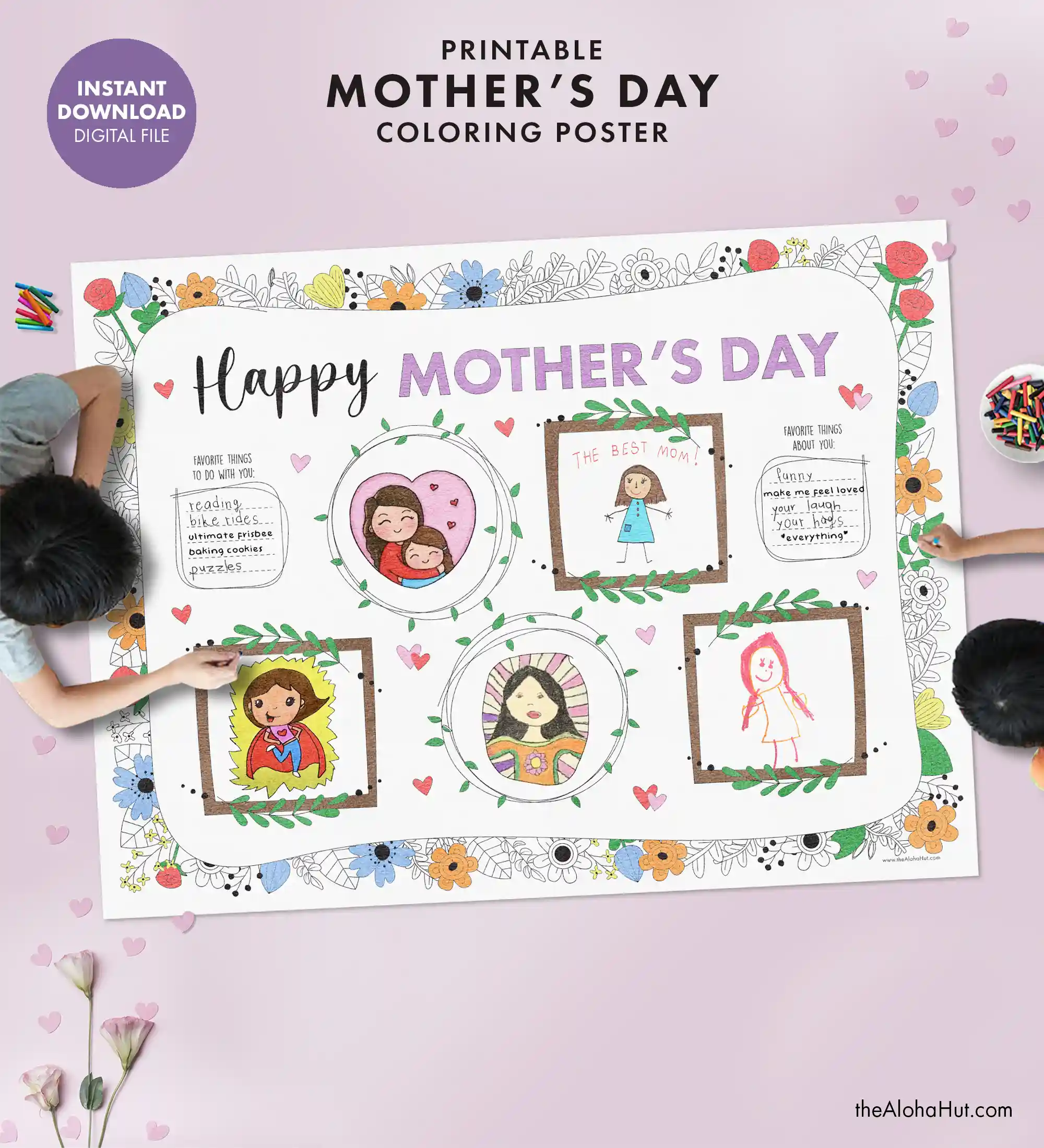 Giant Mother's Day poster and art activity for the kids. Give mom a sentimental and simple gift this year by drawing pictures of her and giving her a giant Mother's Day card. The kids will love creating this fun and easy gift for mom (or grandma!). Download the 36x48" blueprint poster, print, and let the kids draw and color the page for the best gift idea for mom and grandma this year!