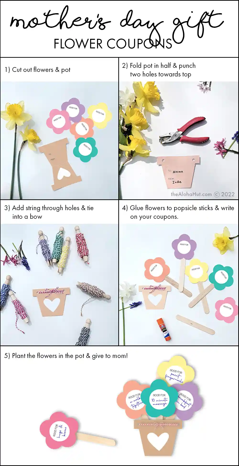 Easy Mother's Day gift idea for mom and/or grandma. Download the printable flowers and turn them into a coupon booklet for mom or grandma! Personalize your bouquet of flowers with acts of service and fun things you can do with mom or grandma.