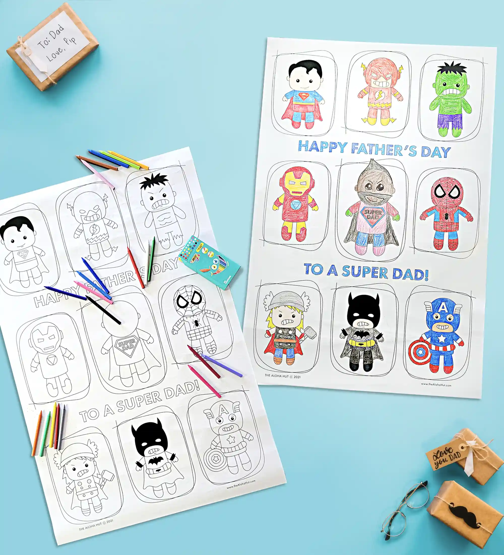 Father's Day giant coloring poster for dad that is superhero themed. Say Happy Father's Day to dad with this fun superhero coloring poster. Includes a spot to draw a dad as a superhero. Fun and easy gift for the kids to give dad this Father's Day.