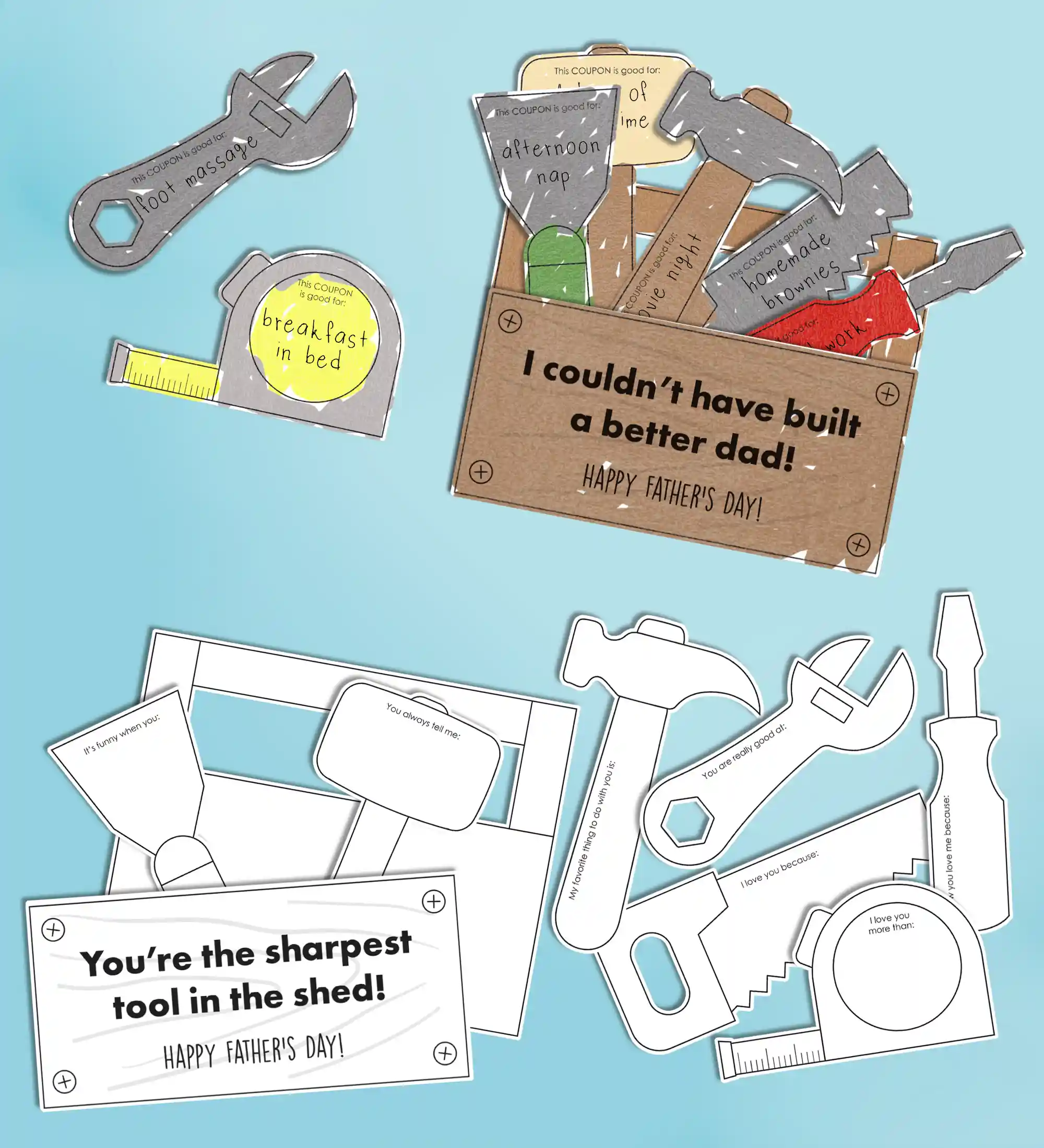 Father's Day toolbox card for dad. Print the toolboox and all the tools and then write in coupons for dad. Also includes a second set of tools for the kids to write all about dad on them. Great and easy Father's Day idea for dad or grandpa. Father's Day gift idea from the kids, preschool Father's Day gift idea, or primary church gift idea for dad.