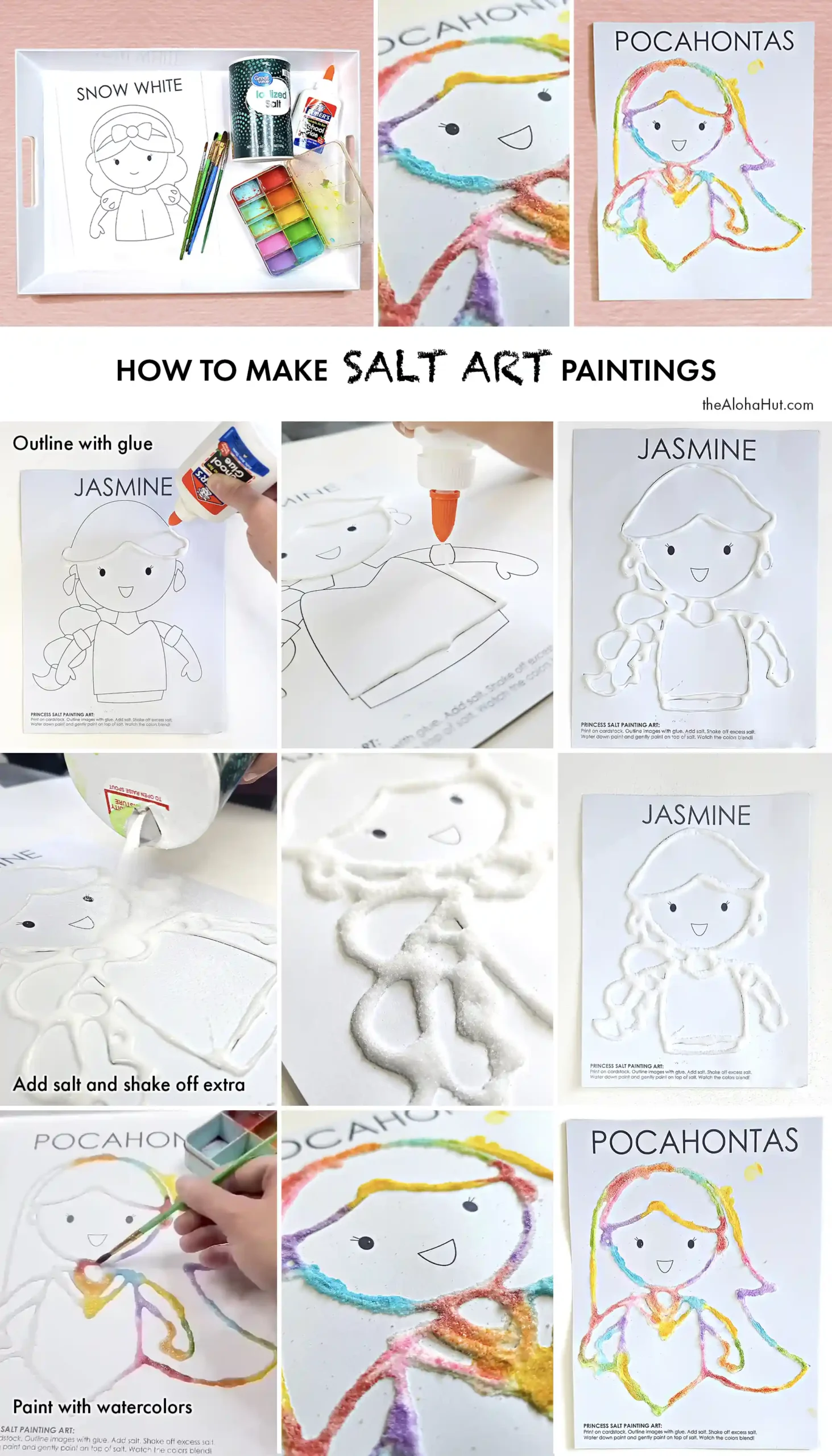 How to Make Salt Art Paintings plus printable Disney princess coloring pages