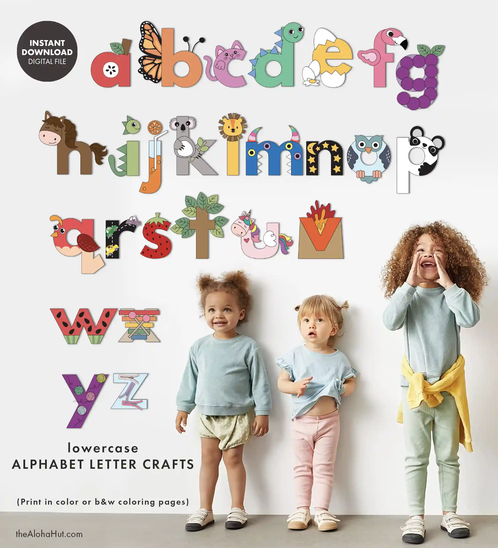 Lowercase alphabet letter crafts for kids, toddlers, and preschool children. Download, print, color, and assemble the lowercase alphabet letters for a fun and hands on activity to help your toddler or preschooler learn their abcs. Make your own alphabet wall as a fun preschool activity and to add to a DIY alphabet book.