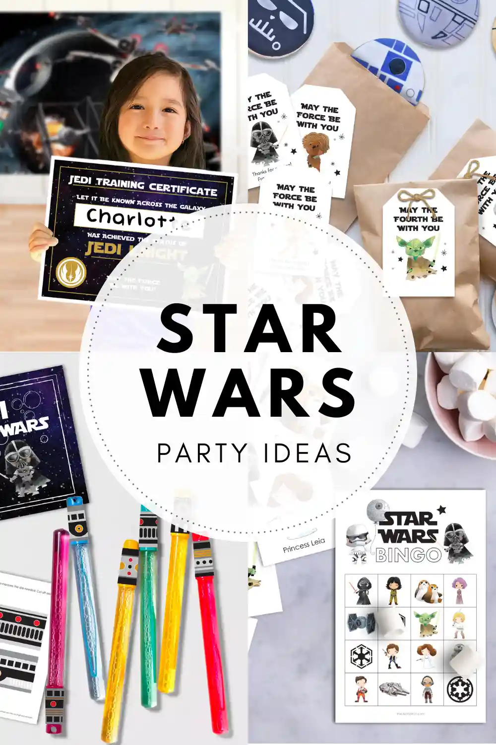 Star Wars party ideas, activities, birthday party games, decorations, and prints. Ideas and tips and tricks for throwing the best Star Wars themed kids birthday party, baby shower, or one with the force celebration. Includes Star Wars printable games, decorations (cupcake toppers, banners, gift tags, characters) and Star Wars party games (BINGO, scavenger hunt, pin the lightsaber on Yoda or Darth Vader). Star wars cupcake toppers and tags.