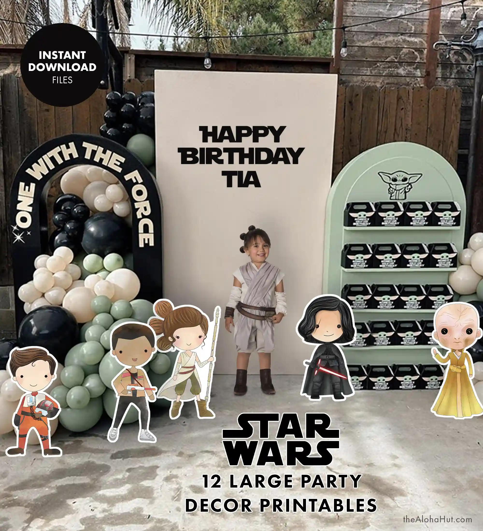Star Wars party ideas, activities, birthday party games, decorations, and prints. Ideas and tips and tricks for throwing the best Star Wars themed kids birthday party, baby shower, or one with the force celebration. Includes Star Wars printable games, decorations (cupcake toppers, banners, gift tags, characters) and Star Wars party games (BINGO, scavenger hunt, pin the lightsaber on Yoda or Darth Vader). Picture of Star Wars character cutouts from The Force Awakens: Poe, Finn, Holod, Rey, Kylo Ren, Maz, BB8, Leia, Luke, etc. 12 characters total.
