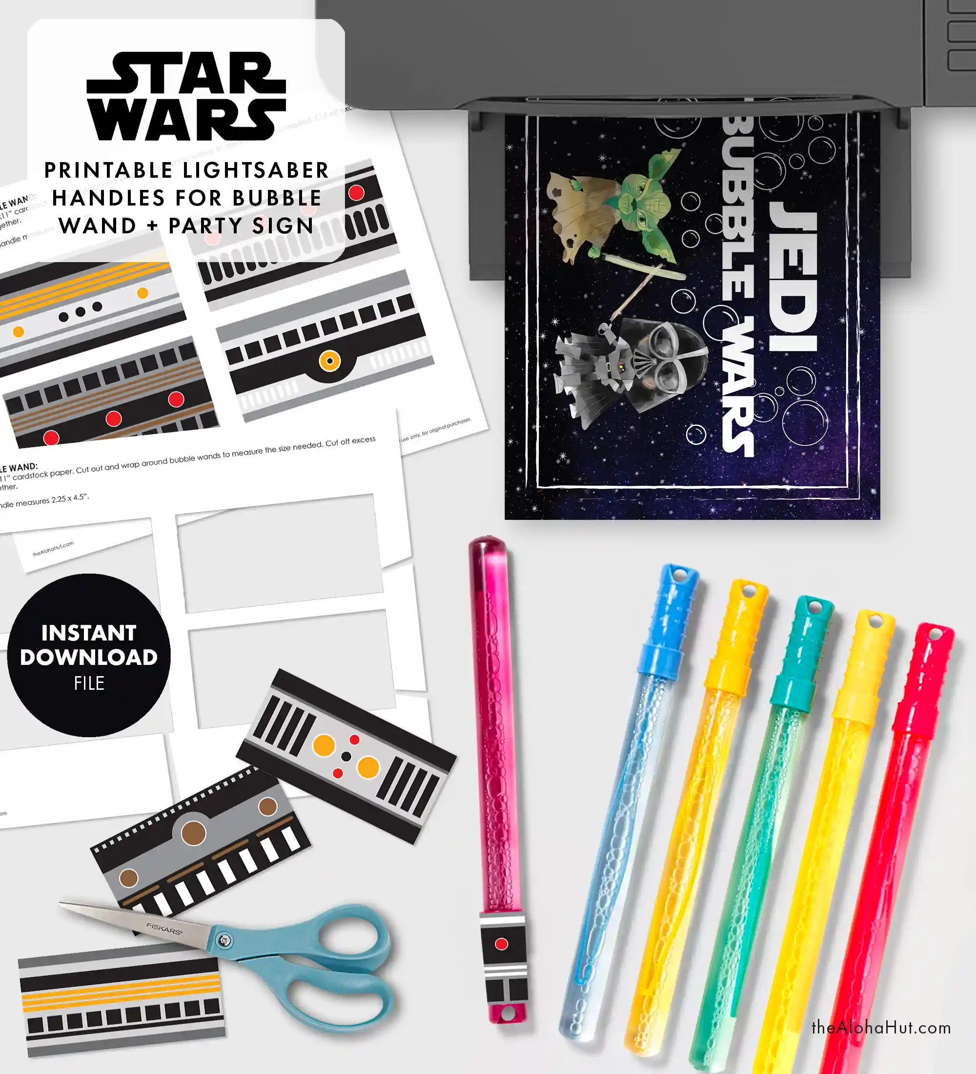 Star Wars party ideas, activities, birthday party games, decorations, and prints. Ideas and tips and tricks for throwing the best Star Wars themed kids birthday party, baby shower, or one with the force celebration. Includes Star Wars printable games, decorations (cupcake toppers, banners, gift tags, characters) and Star Wars party games (BINGO, scavenger hunt, pin the lightsaber on Yoda or Darth Vader). Jedi Bubble Wars and bubble wand lightsabers.
