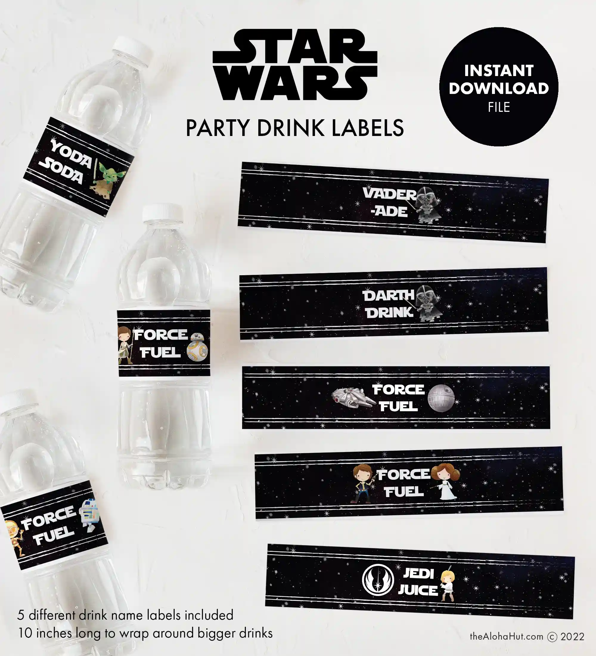 Star Wars party ideas, activities, birthday party games, decorations, and prints. Ideas and tips and tricks for throwing the best Star Wars themed kids birthday party, baby shower, or one with the force celebration. Includes Star Wars printable games, decorations (cupcake toppers, banners, gift tags, characters) and Star Wars party games (BINGO, scavenger hunt, pin the lightsaber on Yoda or Darth Vader). Drink labels vader-ade gatorade, darth drink, force fuel, jedi juice, luke skywater.
