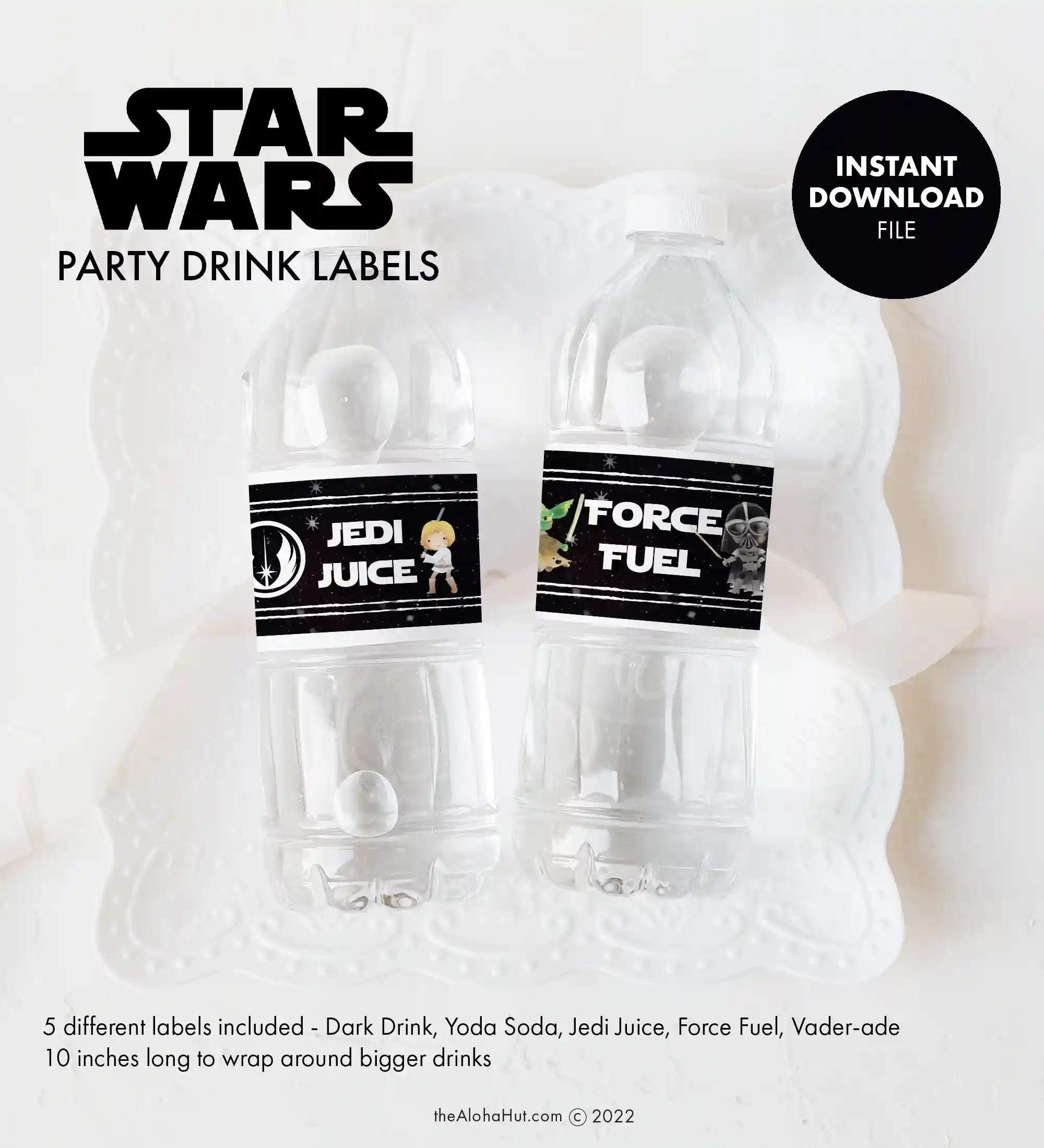 Star Wars party ideas, activities, birthday party games, decorations, and prints. Ideas and tips and tricks for throwing the best Star Wars themed kids birthday party, baby shower, or one with the force celebration. Includes Star Wars printable games, decorations (cupcake toppers, banners, gift tags, characters) and Star Wars party games (BINGO, scavenger hunt, pin the lightsaber on Yoda or Darth Vader). Drink labels luke skywater, force fuel, jedi juice.